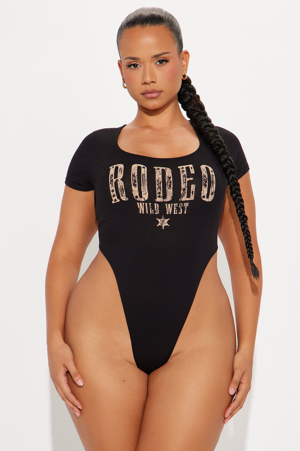 Rodeo Wild West Short Sleeve High Cut Bodysuit - Black
