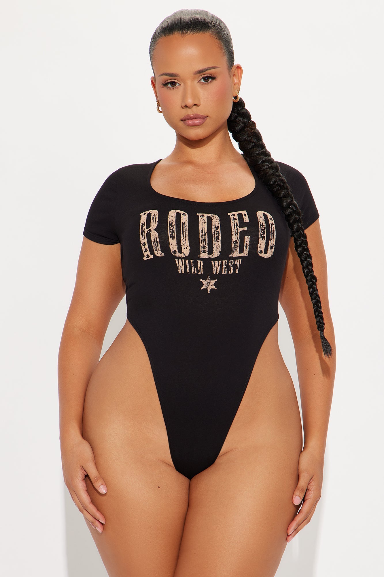 Rodeo Wild West Short Sleeve High Cut Bodysuit - Black