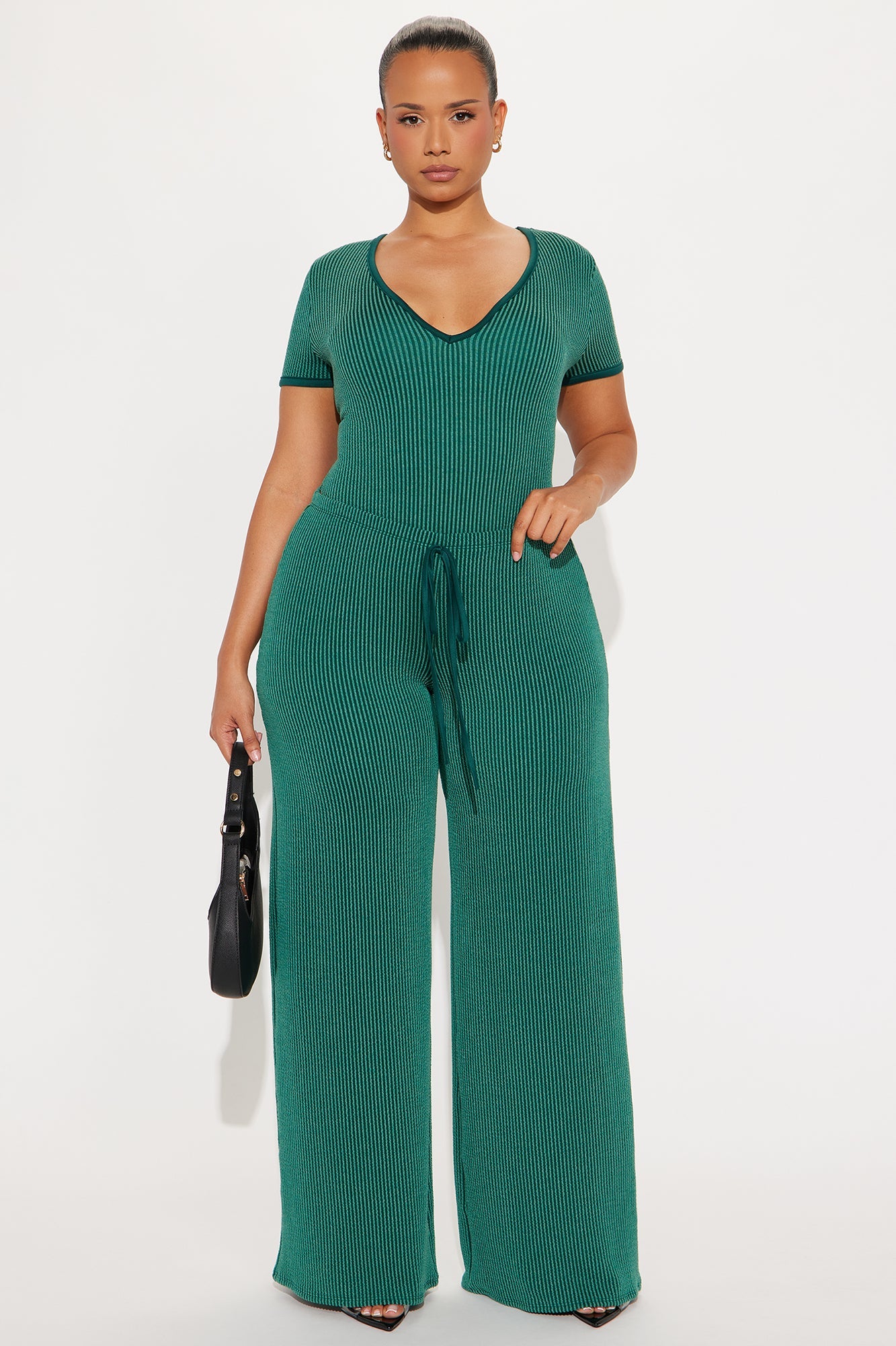 Paulette Short Sleeve Ribbed Bodysuit Pant Set - Green