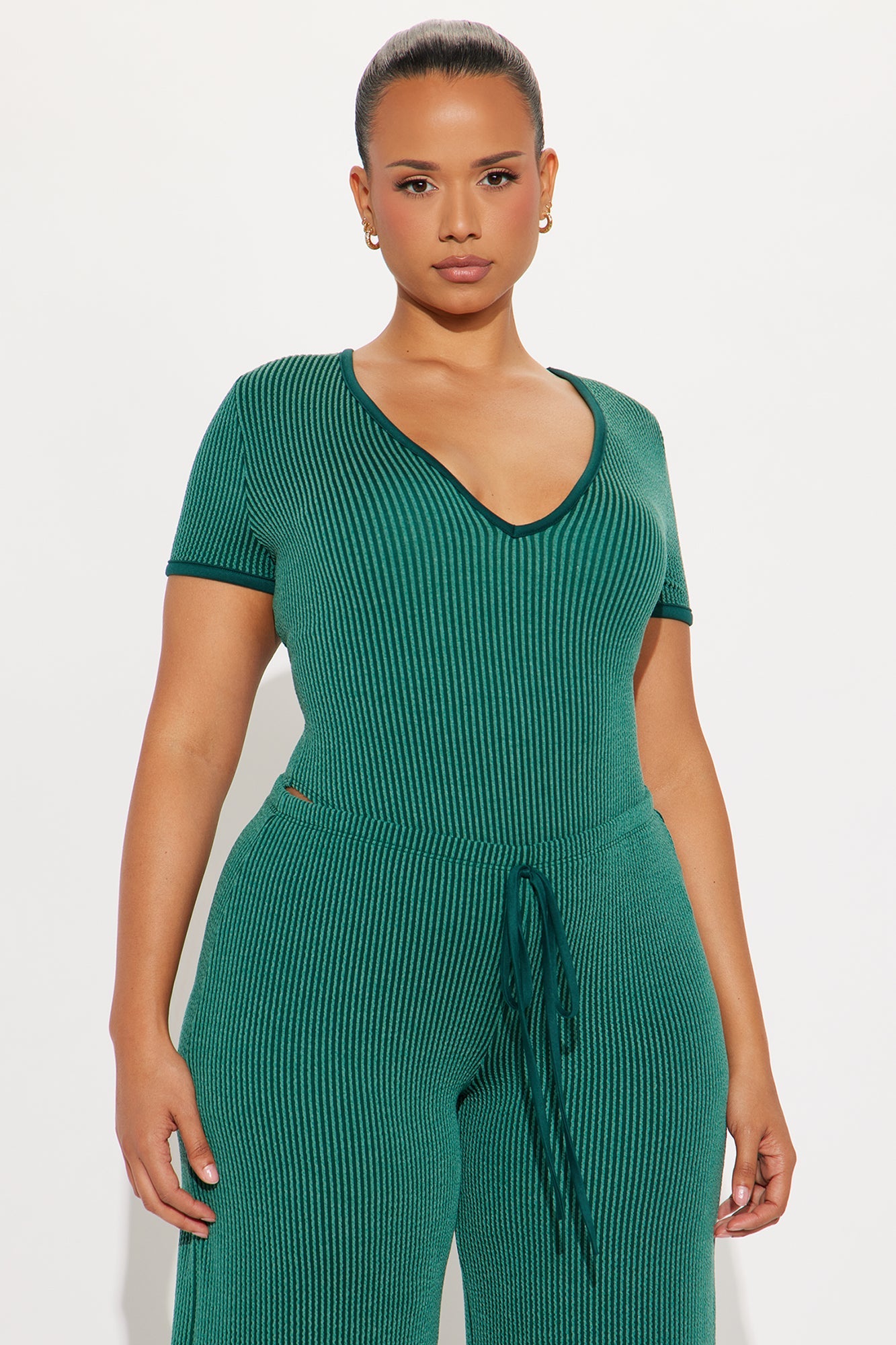 Paulette Short Sleeve Ribbed Bodysuit Pant Set - Green