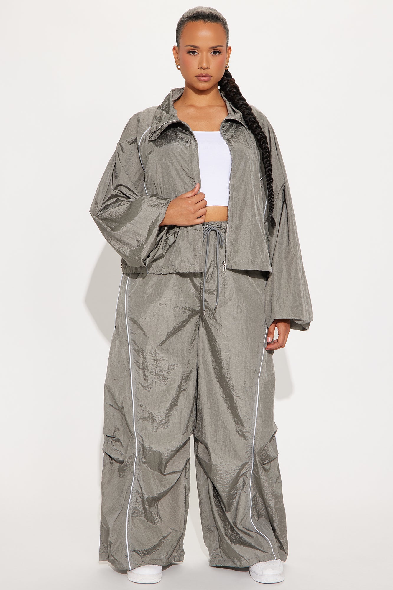 Watch Me Windbreaker Zip Up Pant Set - Silver 