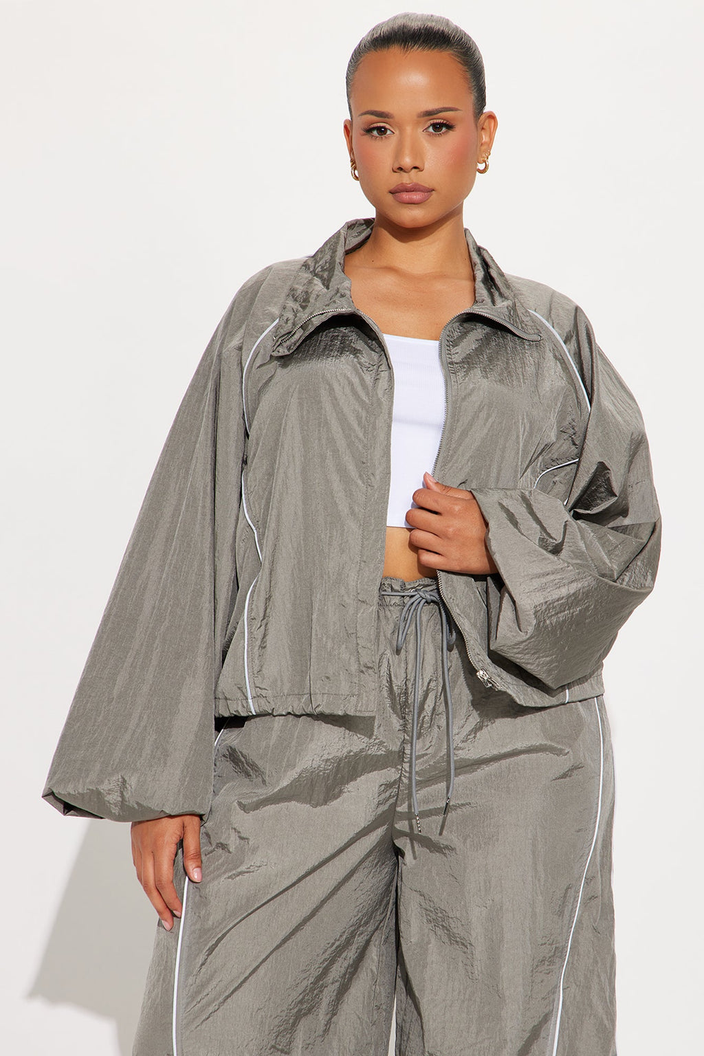 Watch Me Windbreaker Zip Up Pant Set - Silver 