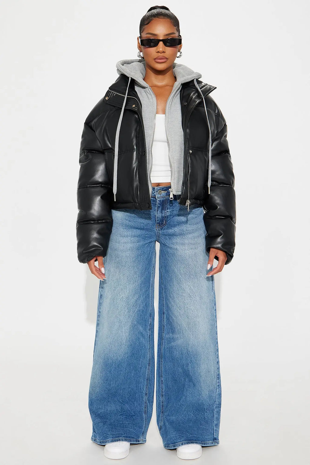 Blake Layered Faux Leather Puffer Jacket - Black/combo 