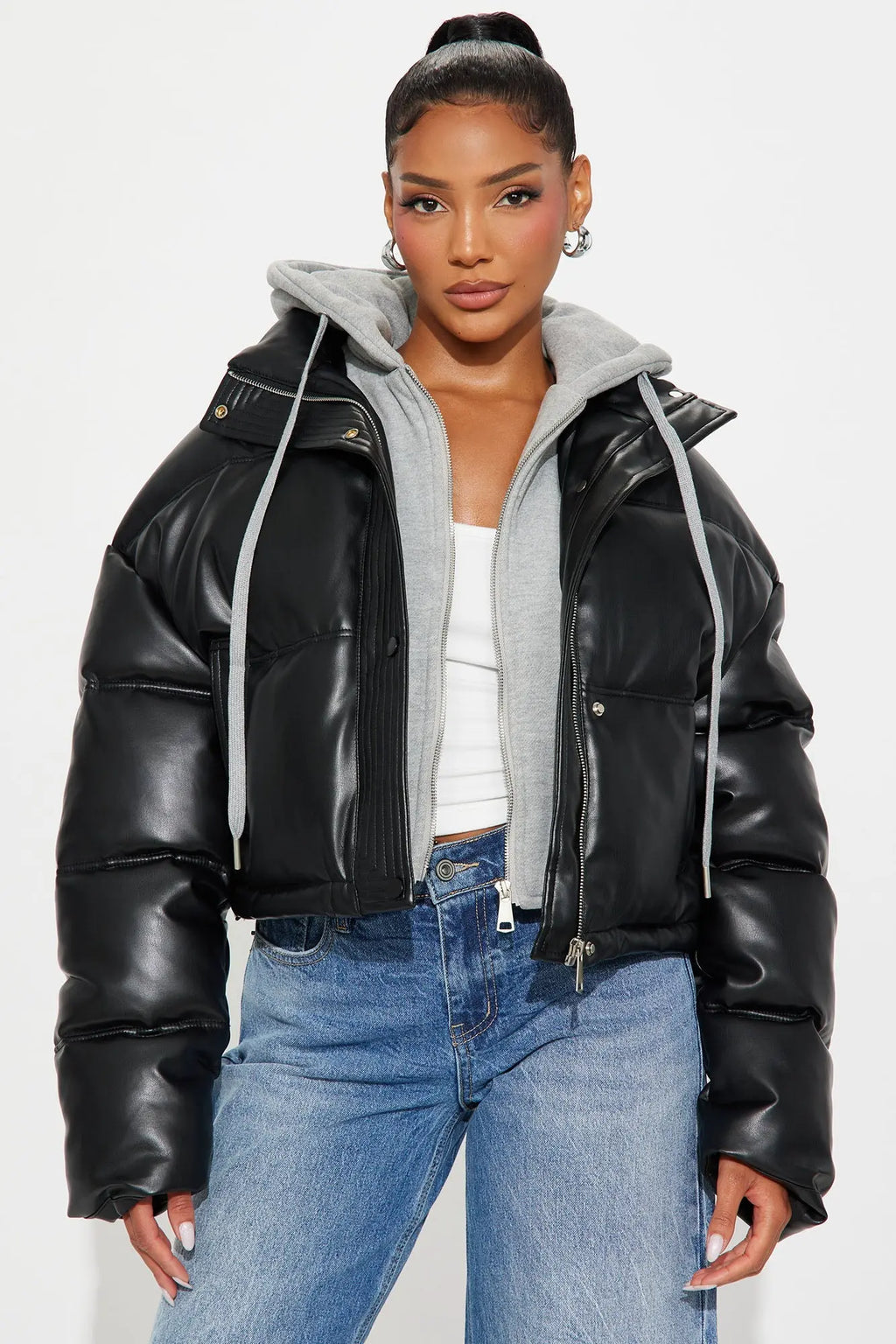 Blake Layered Faux Leather Puffer Jacket - Black/combo 