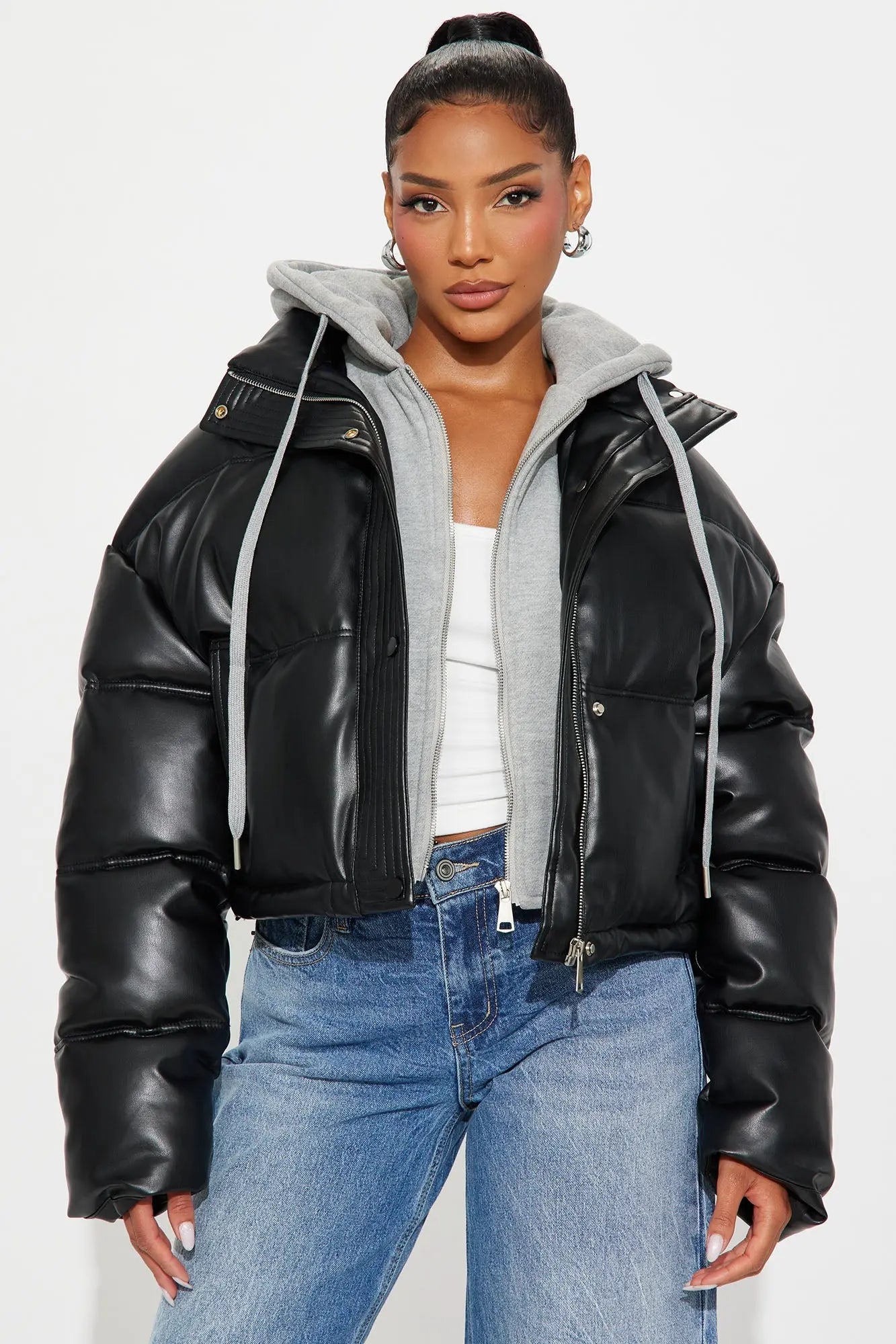 Blake Layered Faux Leather Puffer Jacket - Black/combo 
