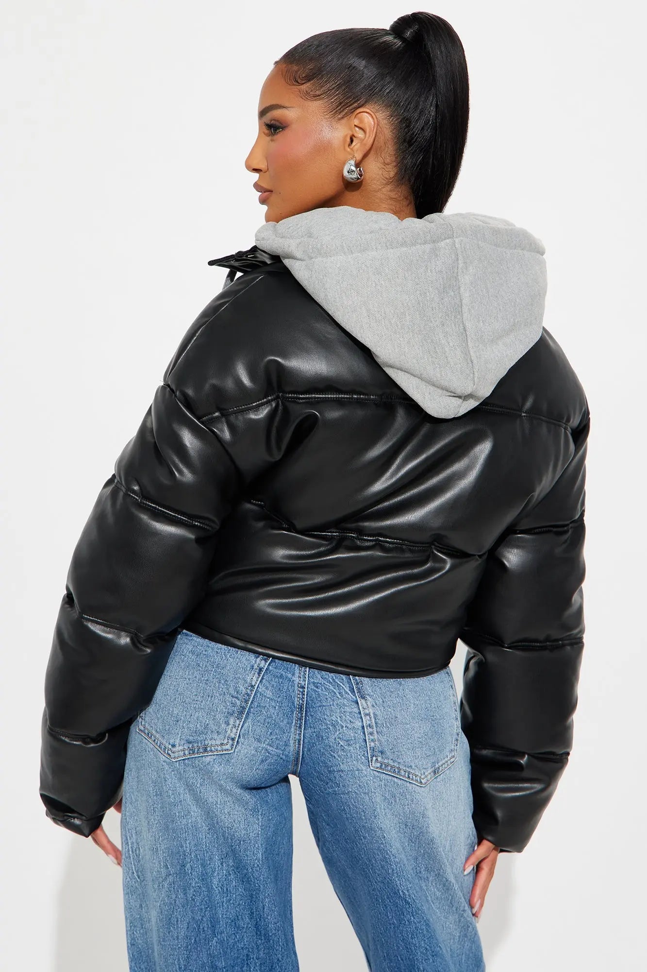 Blake Layered Faux Leather Puffer Jacket - Black/combo 
