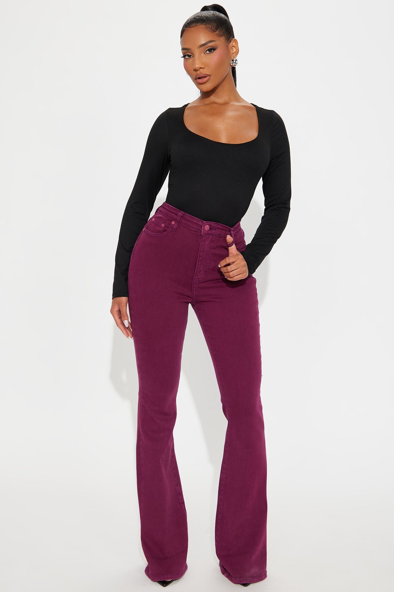 Bon Voyage High Rise Flare Jeans - Burgundy