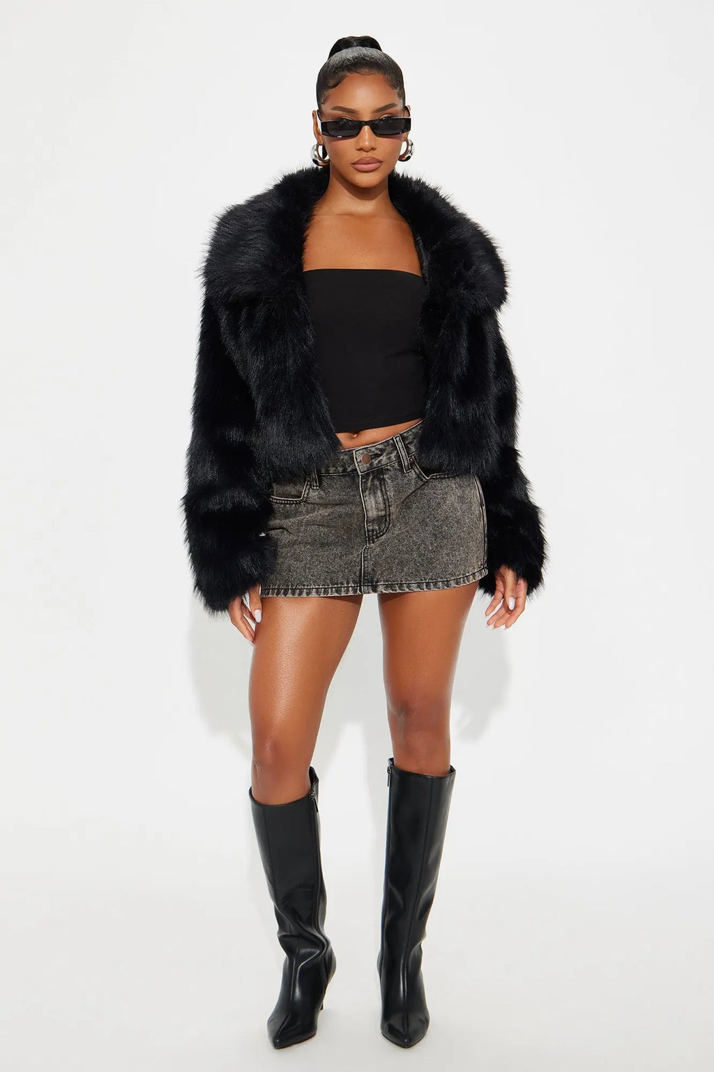 Full Of Charisma Faux Fur Cropped Coat - Black 