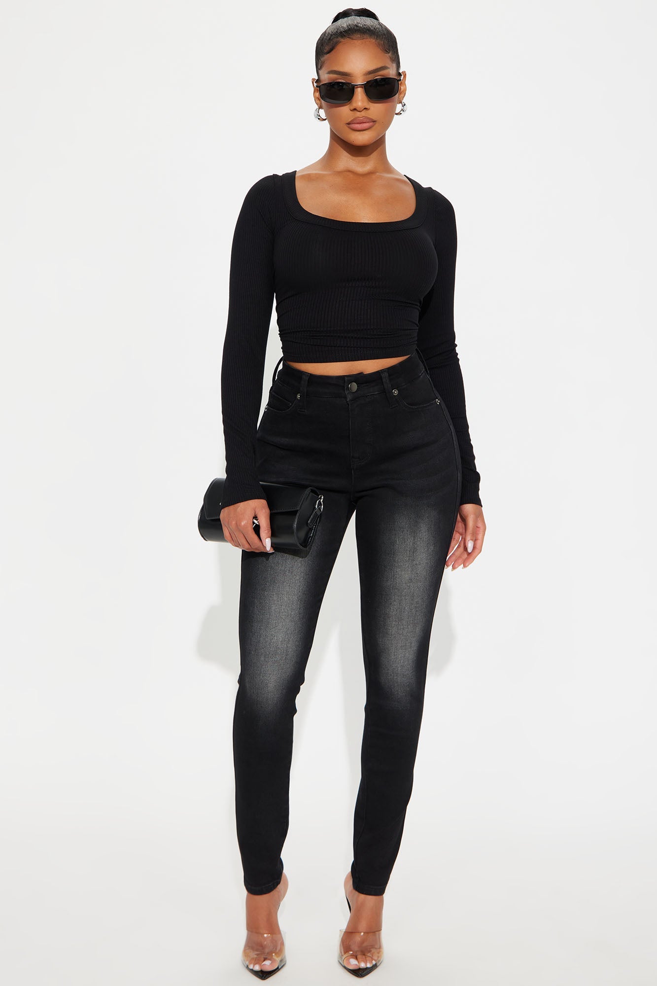 Nikki Ribbed Long Sleeve Basic Top - Black