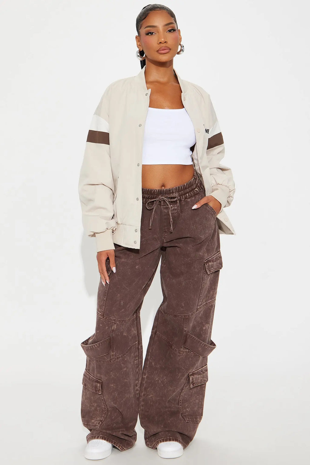 Los Angeles Raised Nylon Bomber Jacket - Beige 