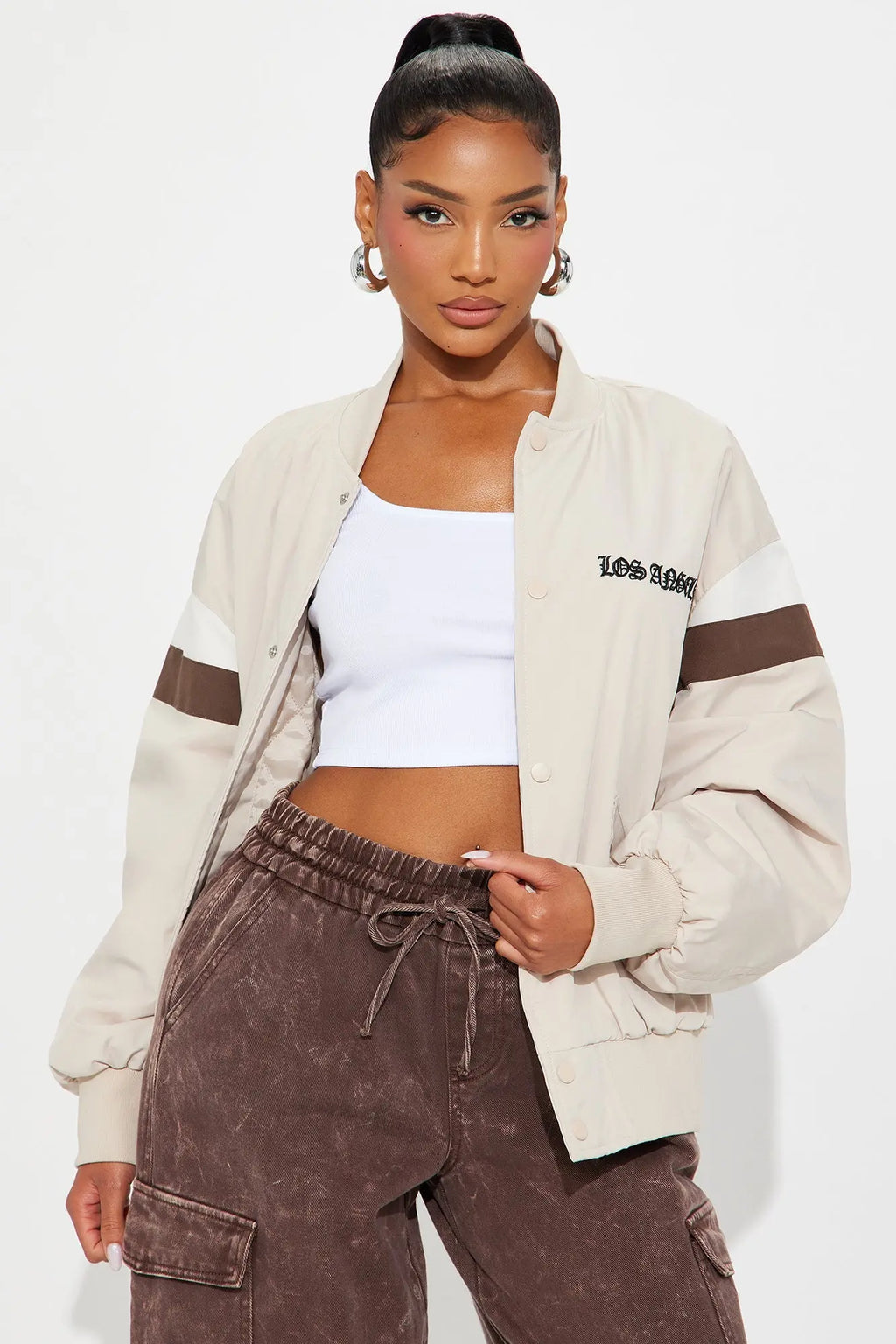 Los Angeles Raised Nylon Bomber Jacket - Beige 