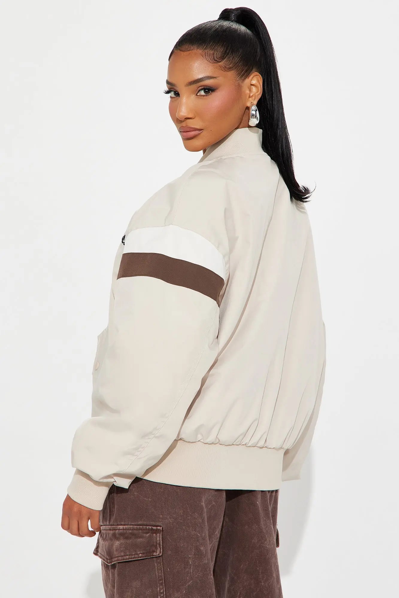 Los Angeles Raised Nylon Bomber Jacket - Beige 