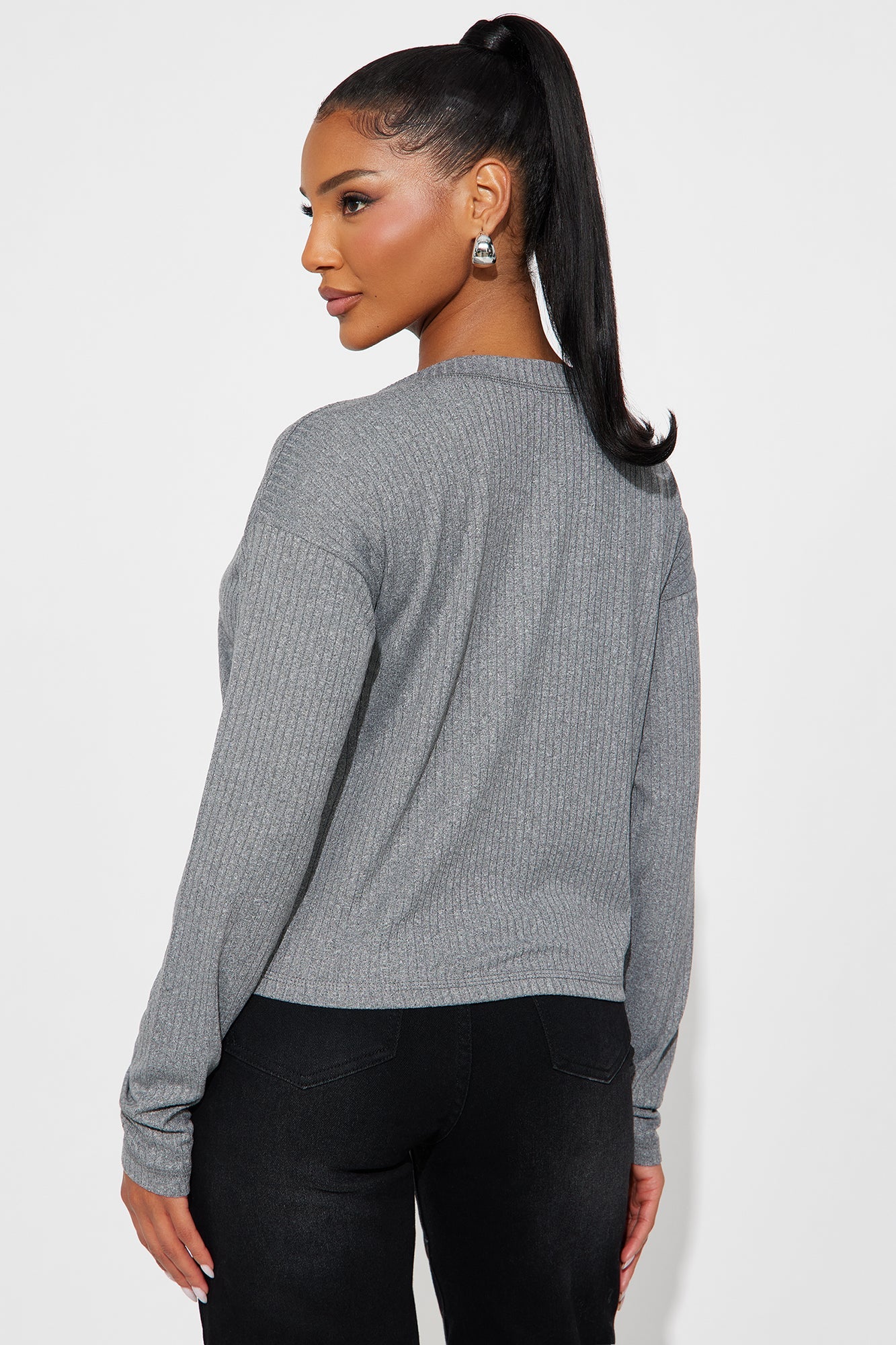 Bailey Basic V Neck Ribbed Top - Heather Grey