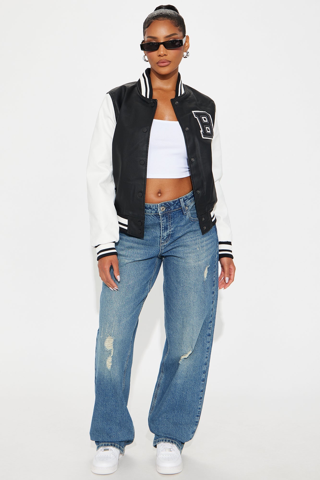 In The Game Faux Leather Varsity Bomber Jacket - Black/White