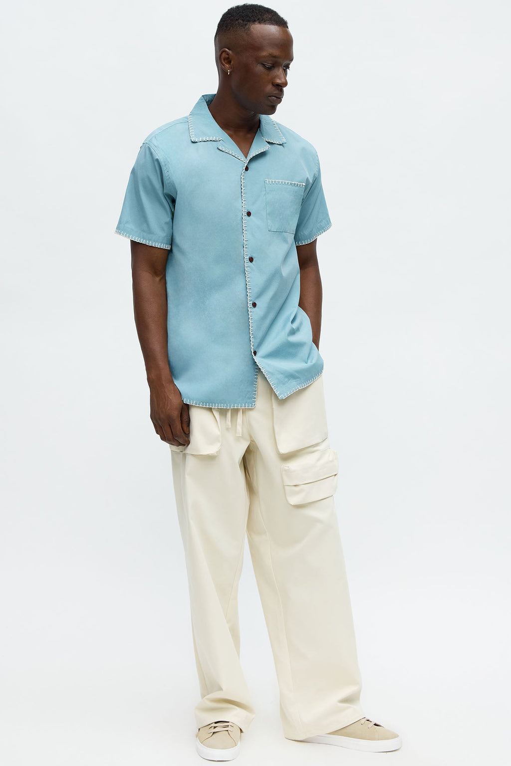 Colorblock Piping  Button Up Shirt - Blue