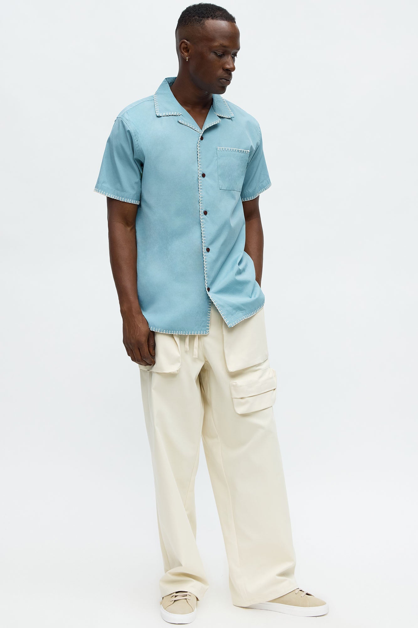 Colorblock Piping  Button Up Shirt - Blue