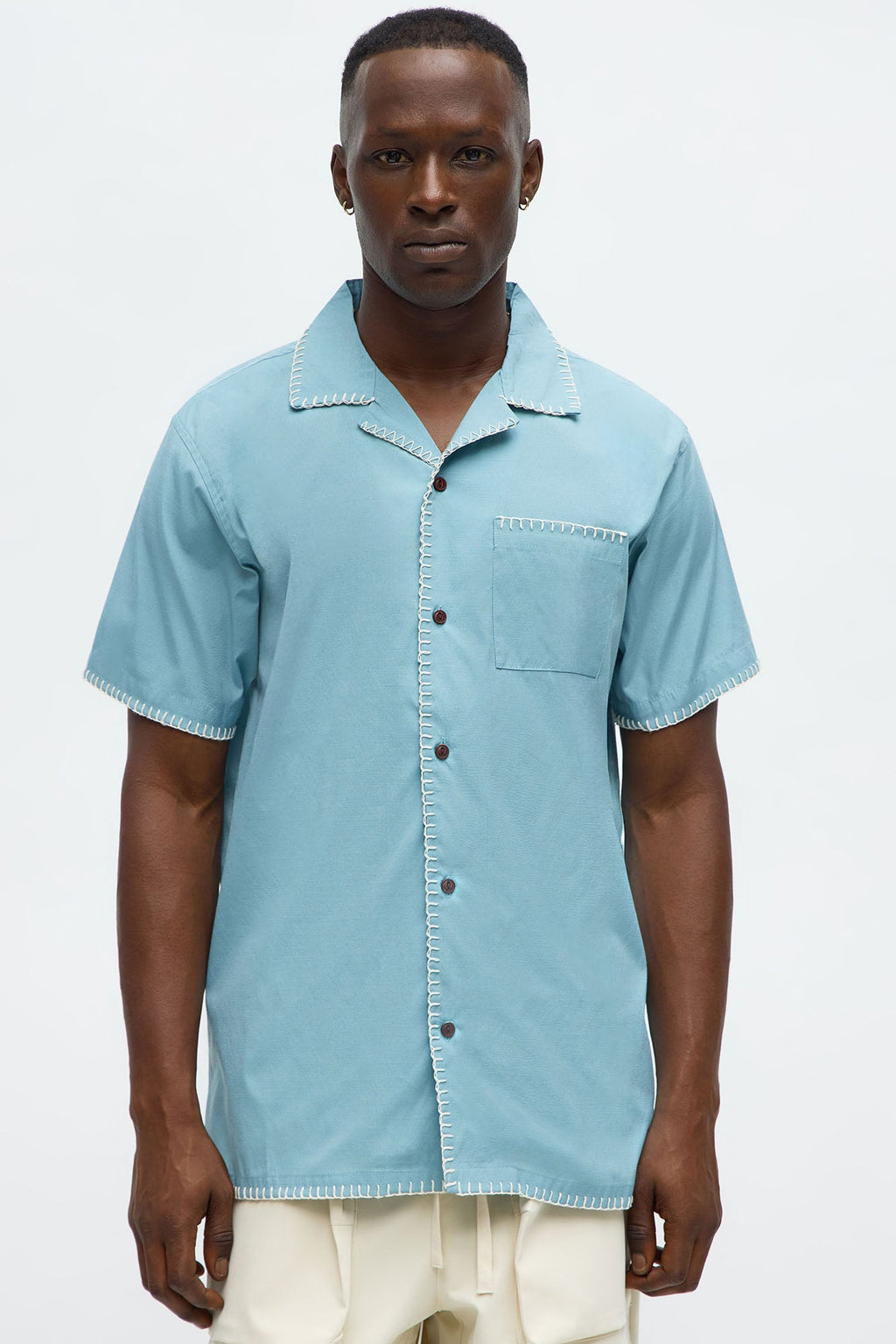 Colorblock Piping  Button Up Shirt - Blue