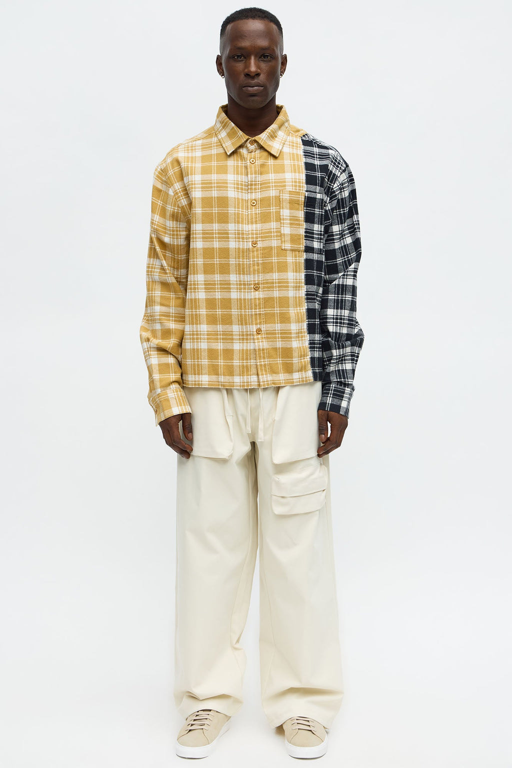 Split Flannel Button Up Shirt - Tan/Multi