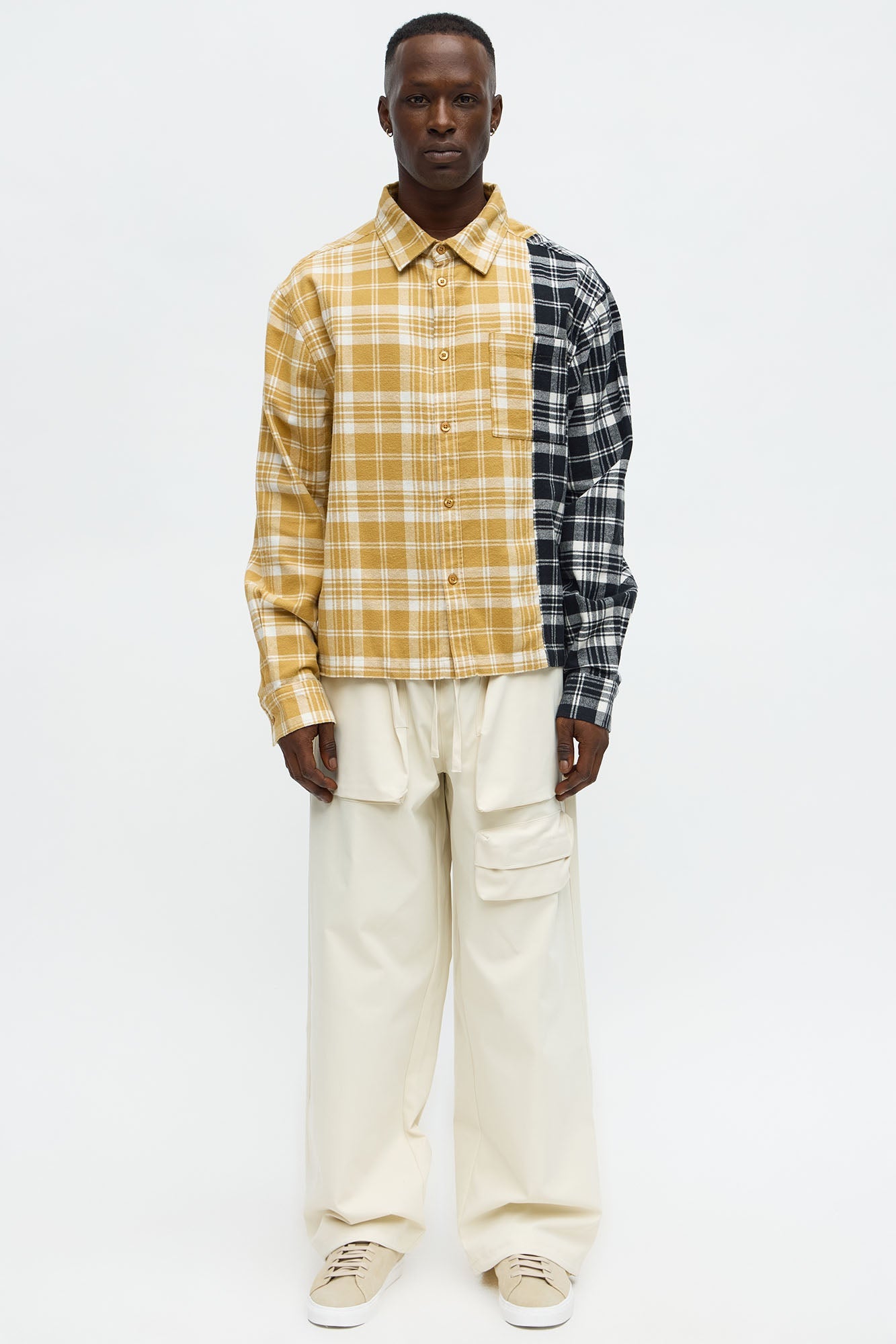 Split Flannel Button Up Shirt - Tan/Multi