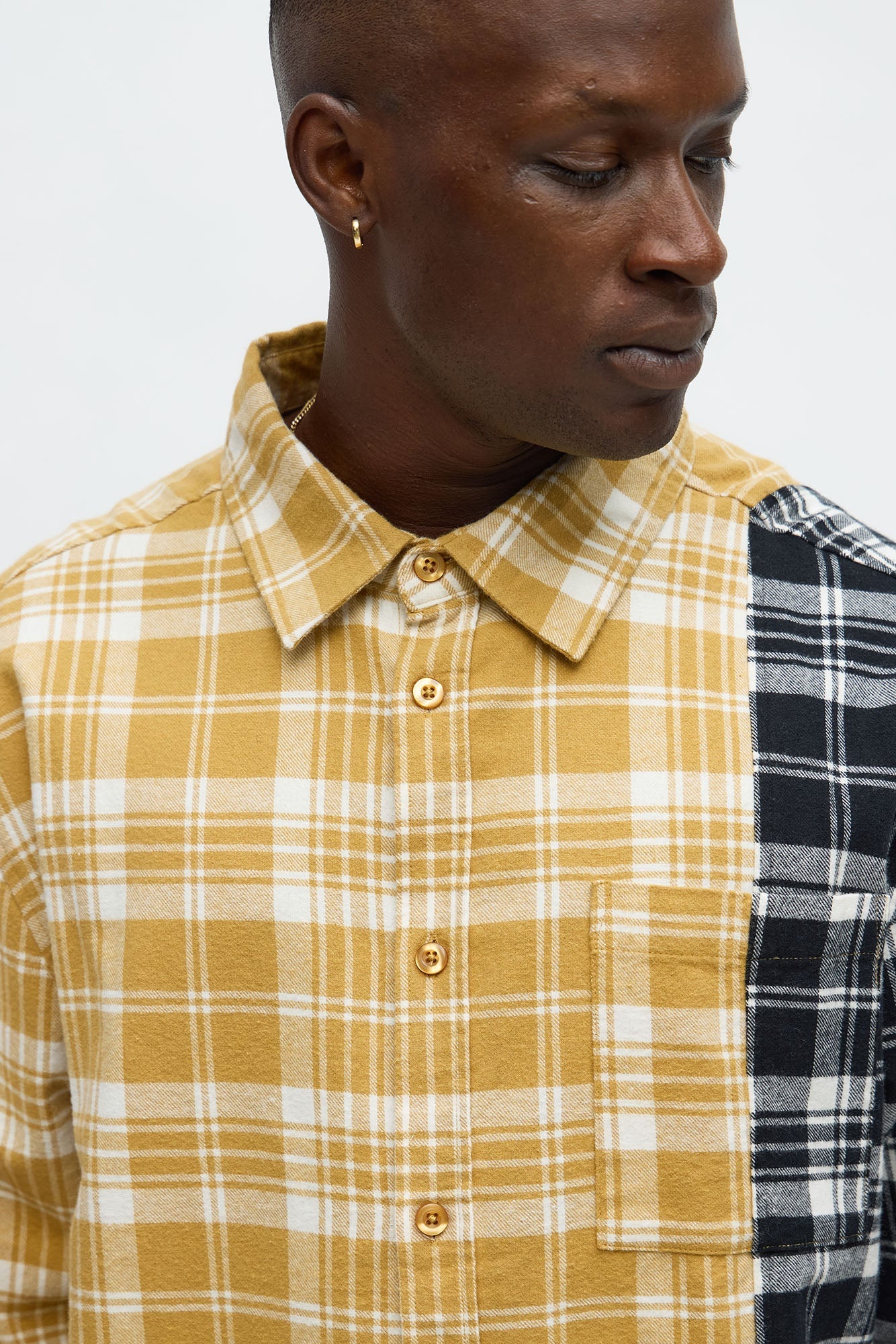 Split Flannel Button Up Shirt - Tan/Multi