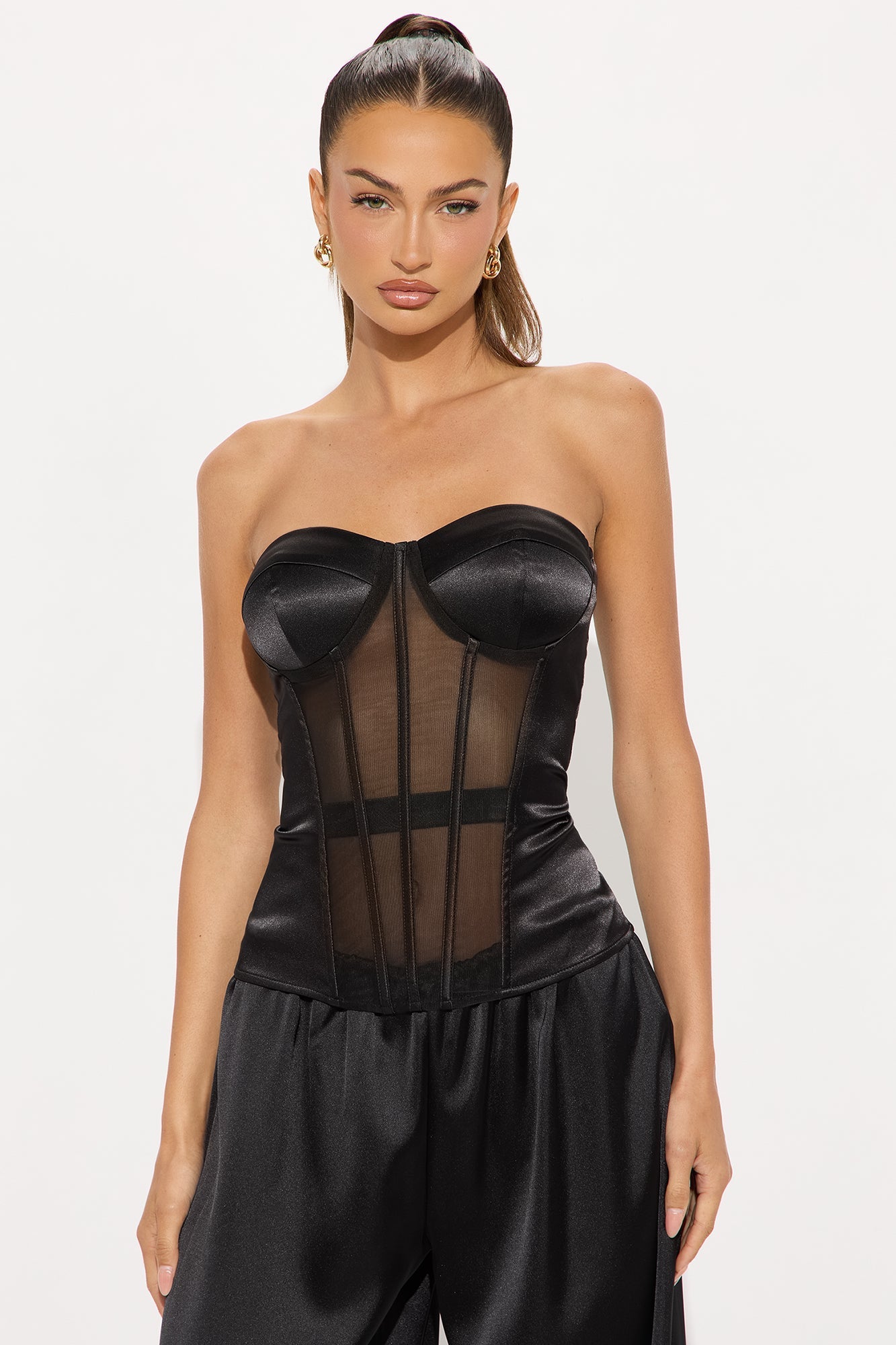Call You Later Satin Corset Top - Black