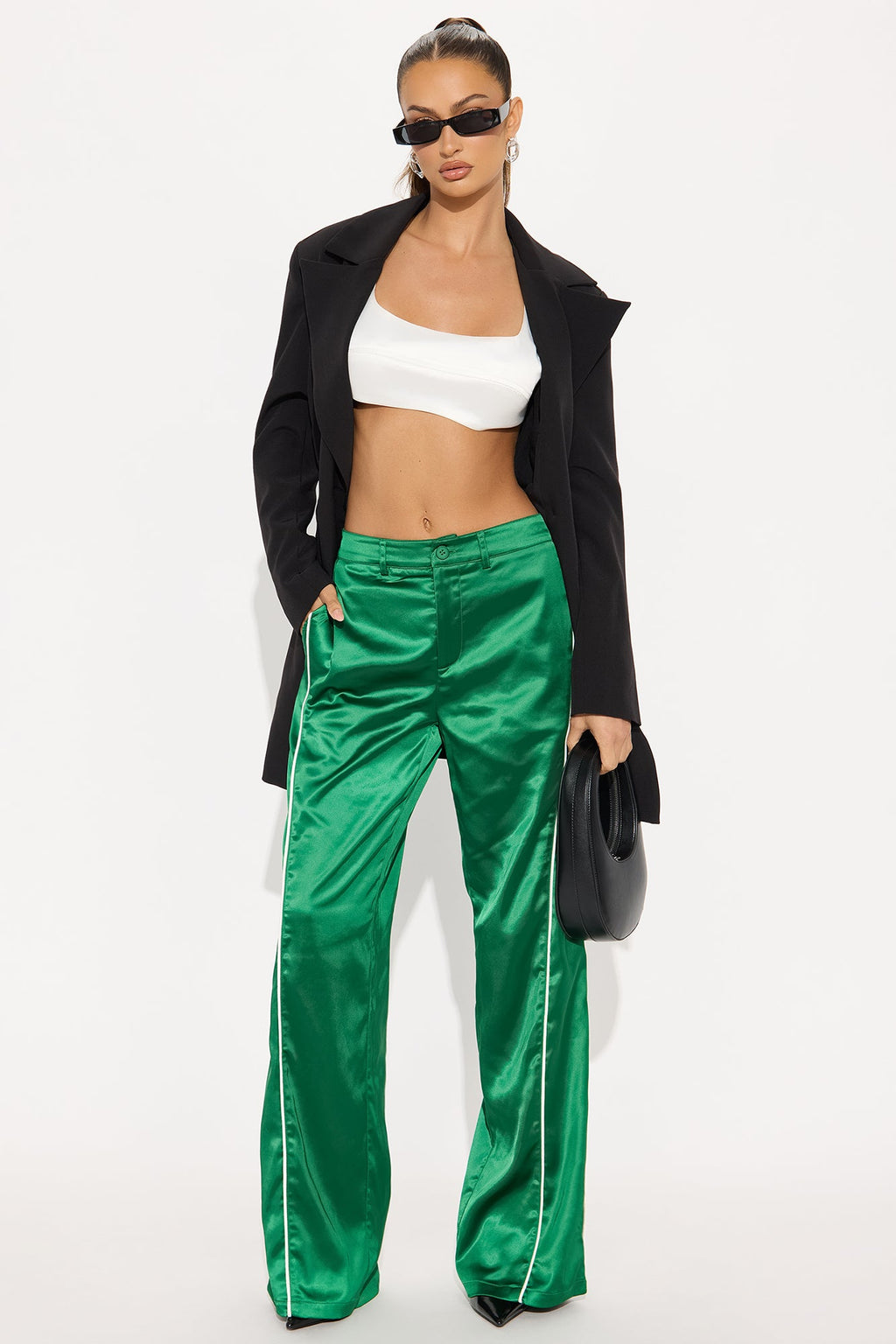 Keep Up With Me Satin Wide Leg Track Pant 33 - Green 