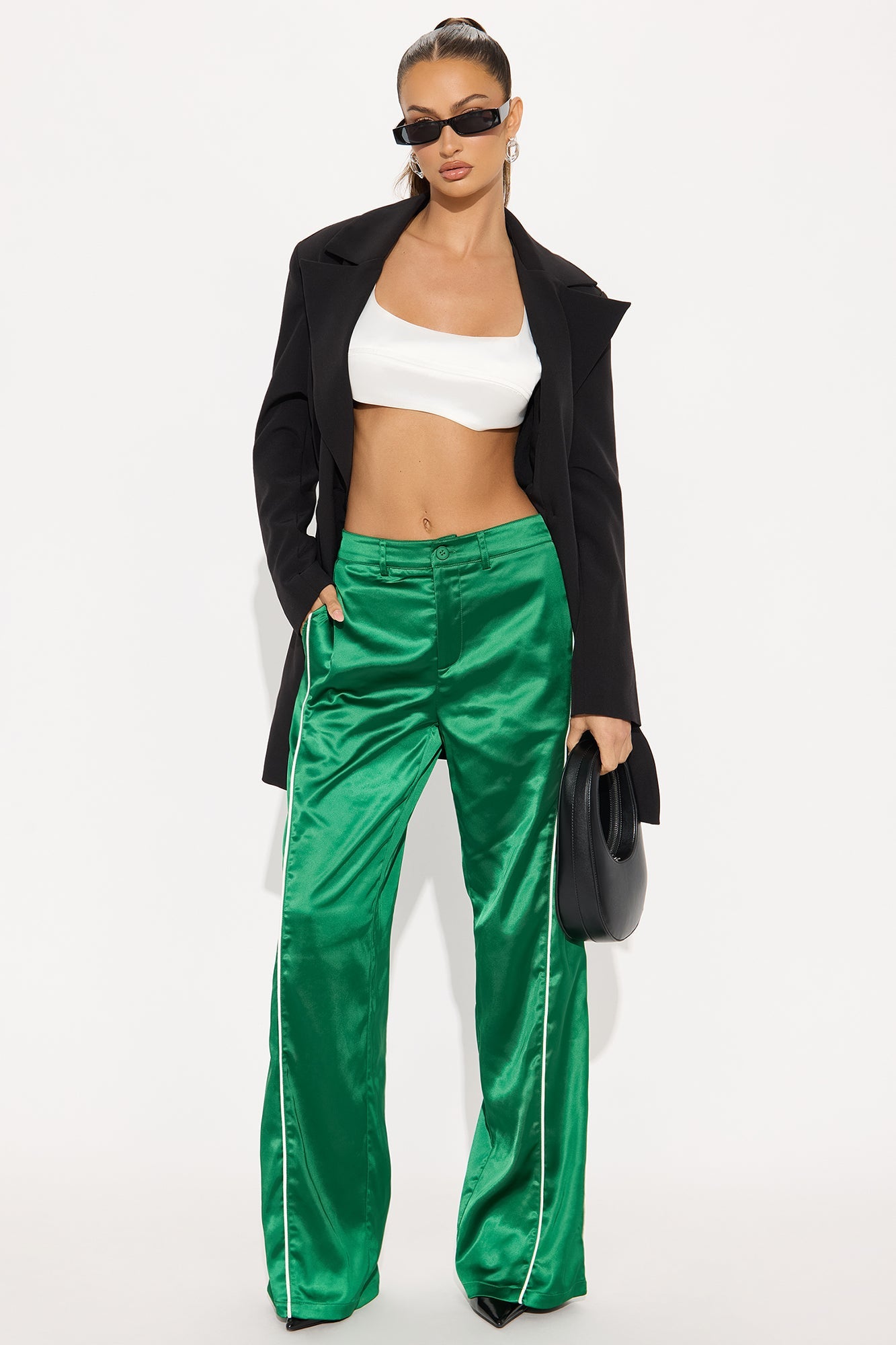 Keep Up With Me Satin Wide Leg Track Pant 33 - Green 