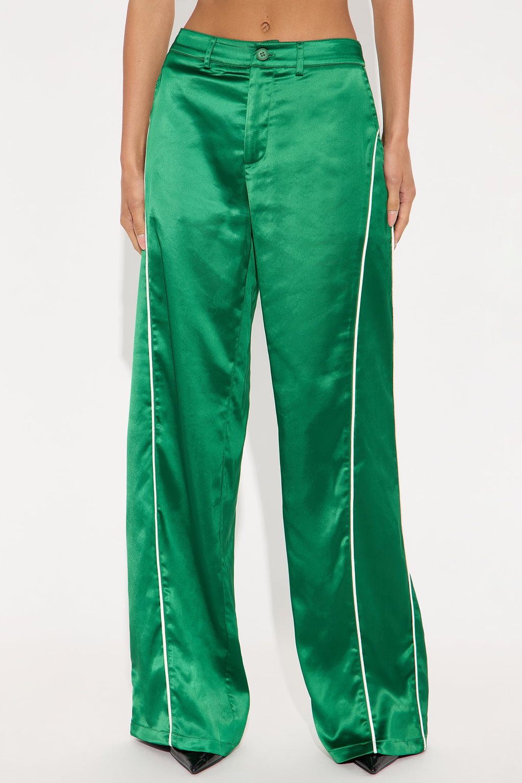 Keep Up With Me Satin Wide Leg Track Pant 33 - Green 