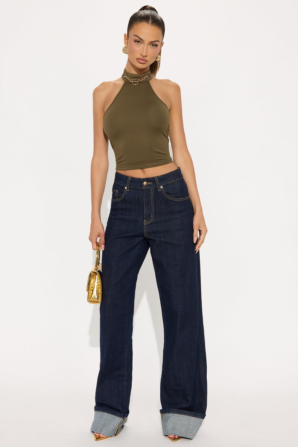Rory Mock Neck Halter Top - Olive