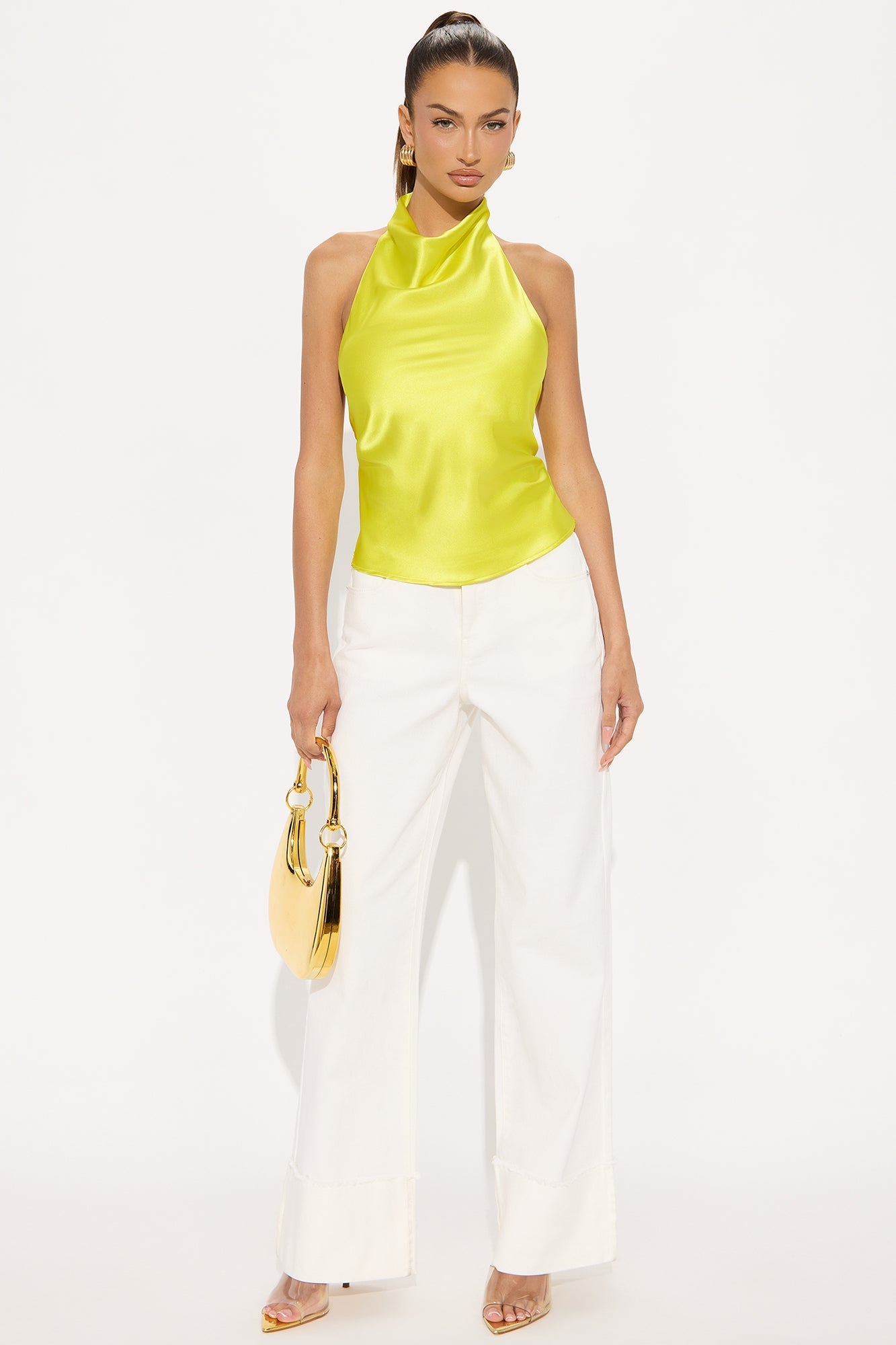 Sara Satin Cowl Neck Halter Top - Chartreuse