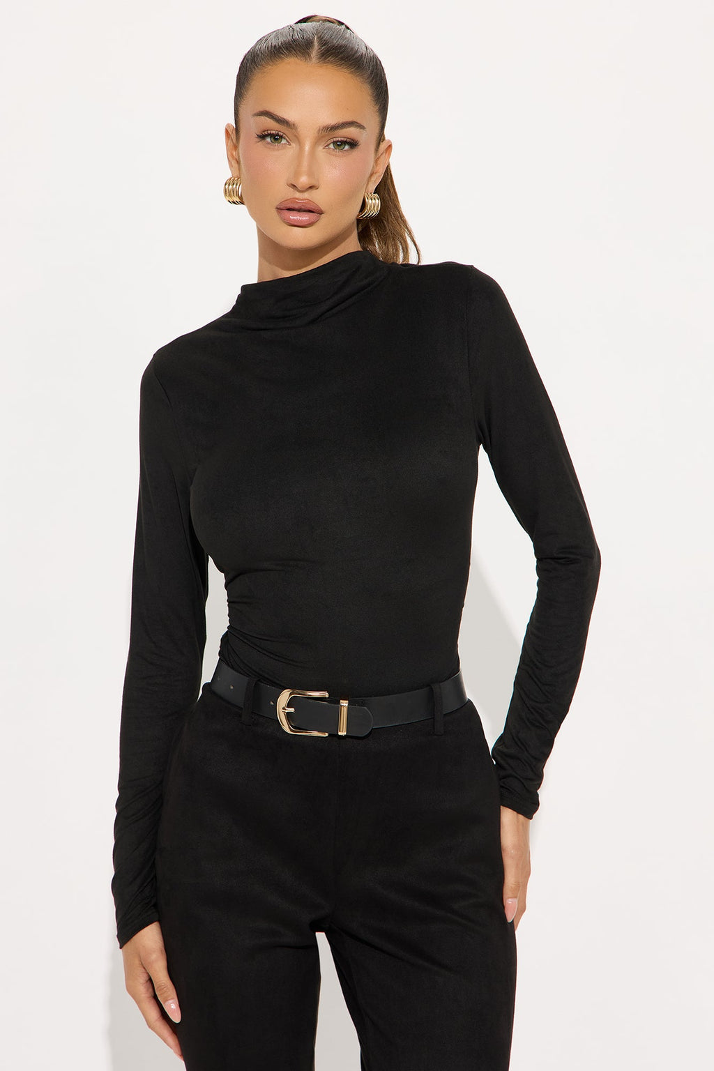 Magic Faux Suede Mock Neck Top - Black