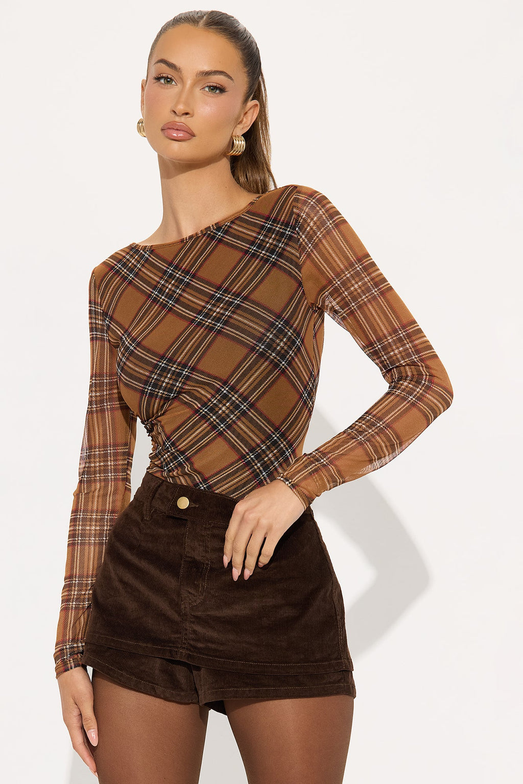 Lucy Long Sleeve Mesh Top - Brown/combo