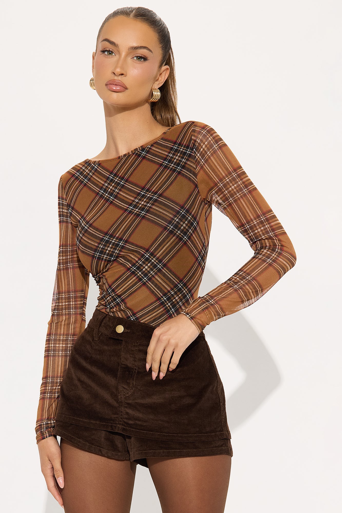 Lucy Long Sleeve Mesh Top - Brown/combo