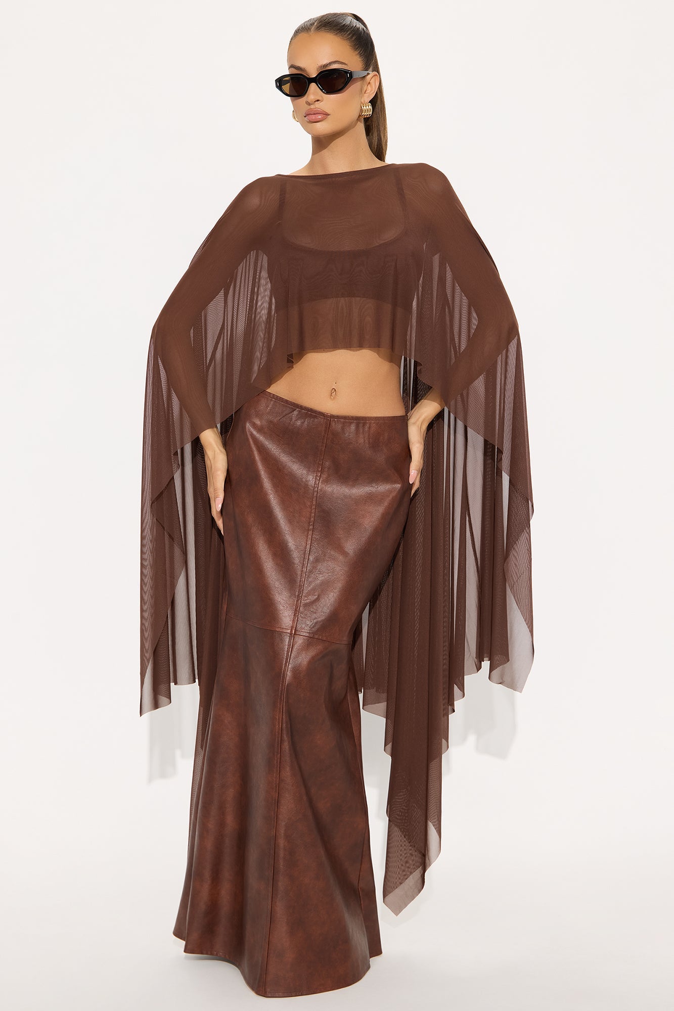 Itri High Low Draped Mesh Top - Chocolate