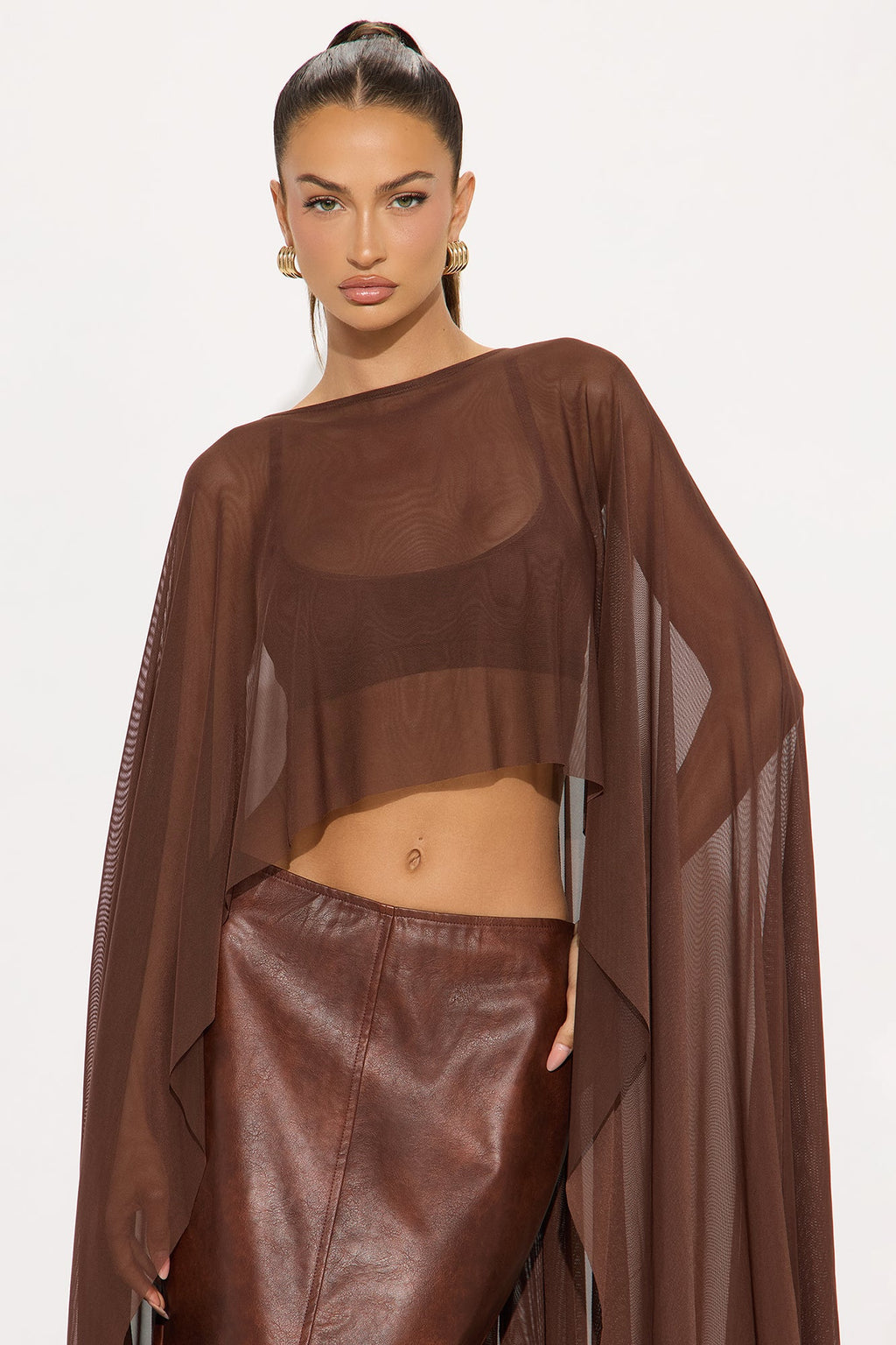 Itri High Low Draped Mesh Top - Chocolate