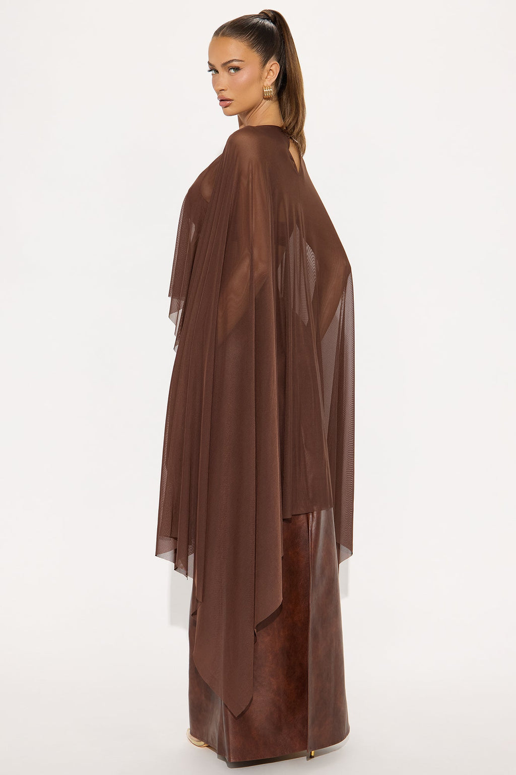 Itri High Low Draped Mesh Top - Chocolate