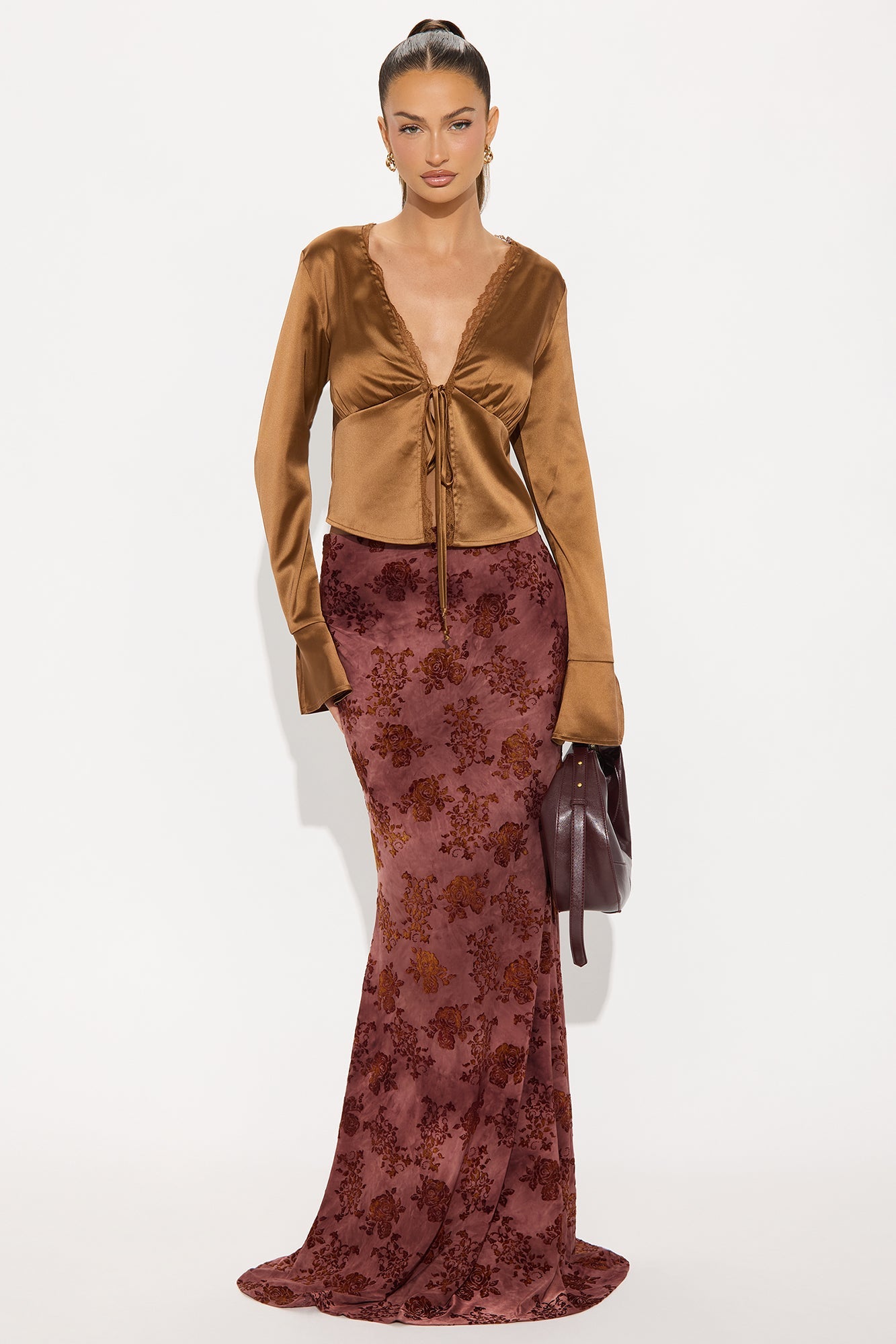 Winter Romance Flocked Velvet Floral Maxi Skirt - Burgundy