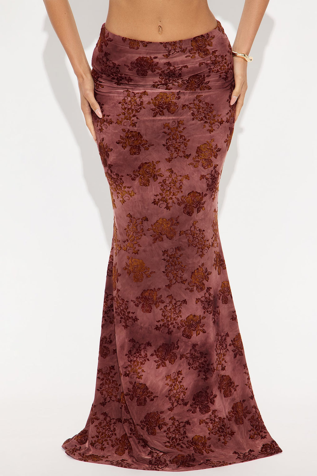 Winter Romance Flocked Velvet Floral Maxi Skirt - Burgundy