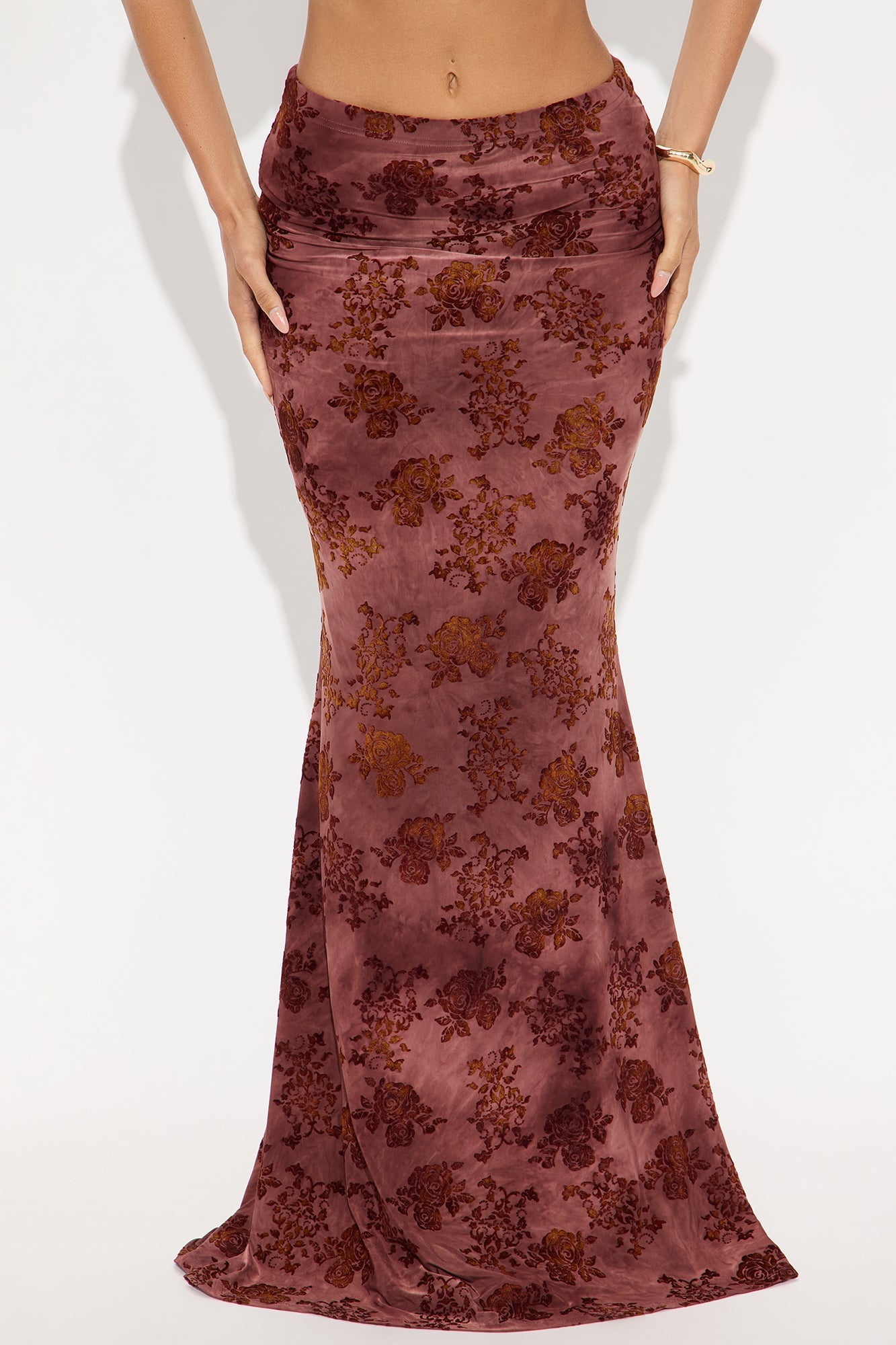 Winter Romance Flocked Velvet Floral Maxi Skirt - Burgundy