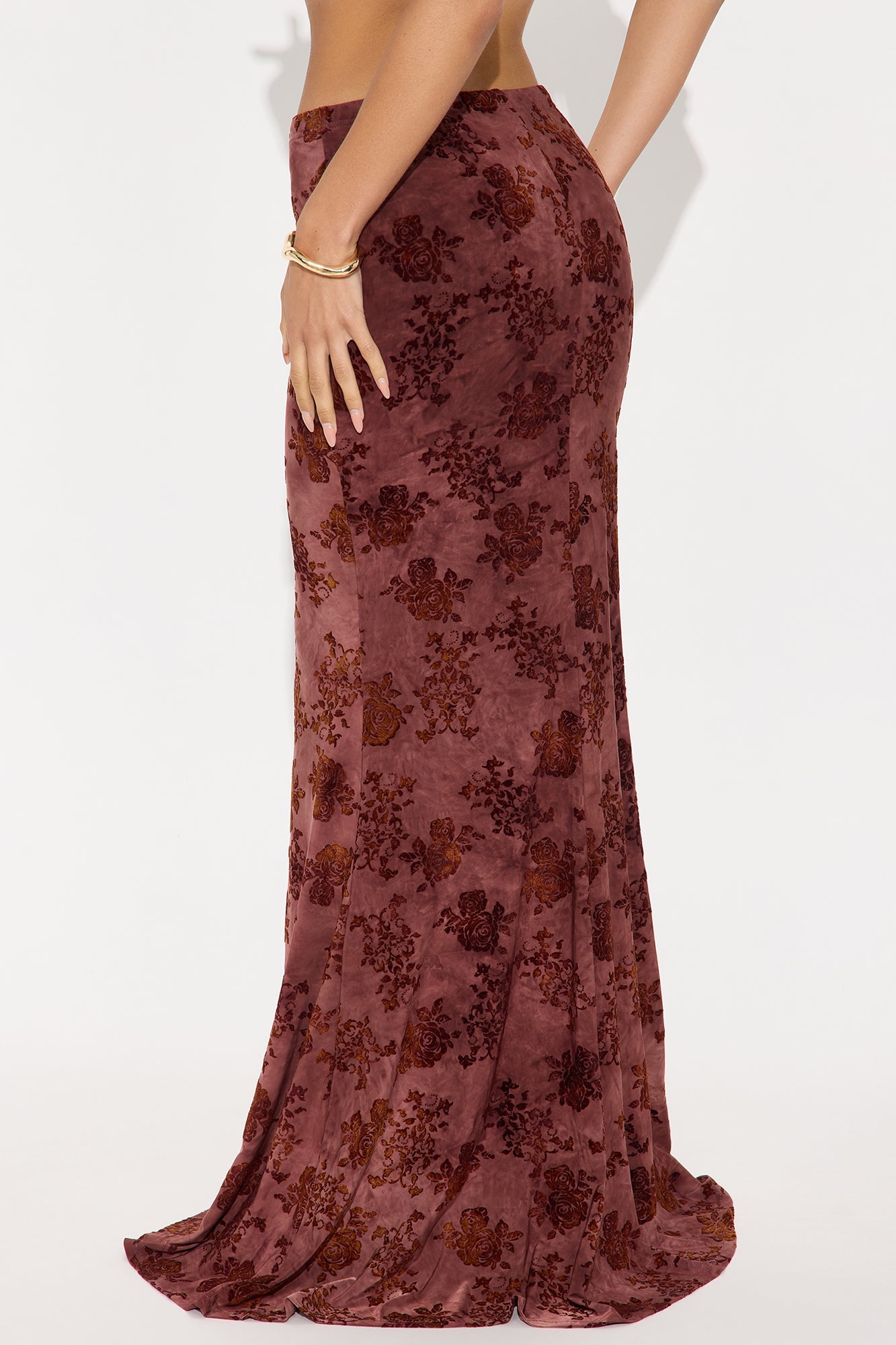 Winter Romance Flocked Velvet Floral Maxi Skirt - Burgundy
