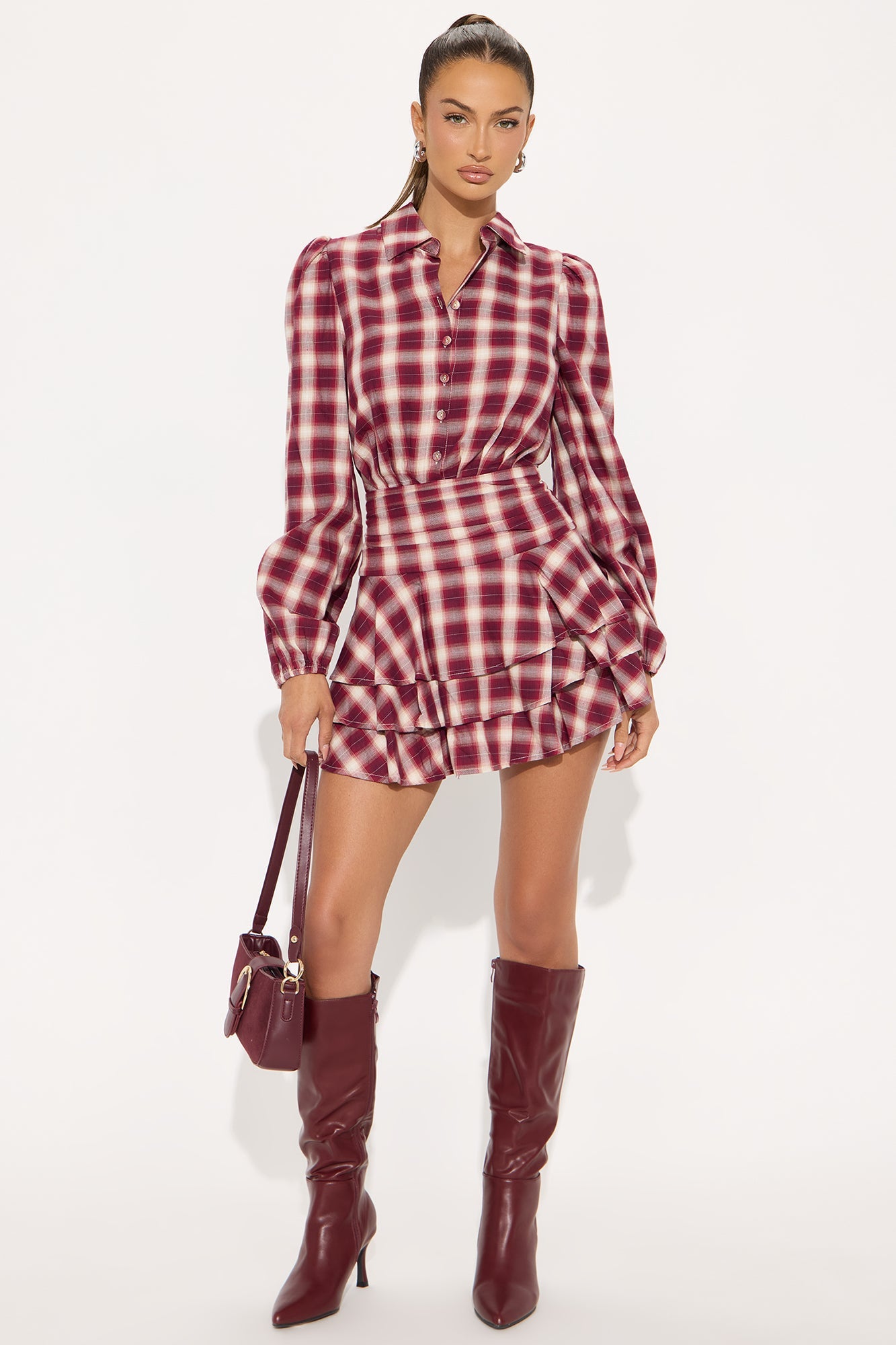 Pricilla Ruffle Flannel Micro Mini Dress - Red/combo