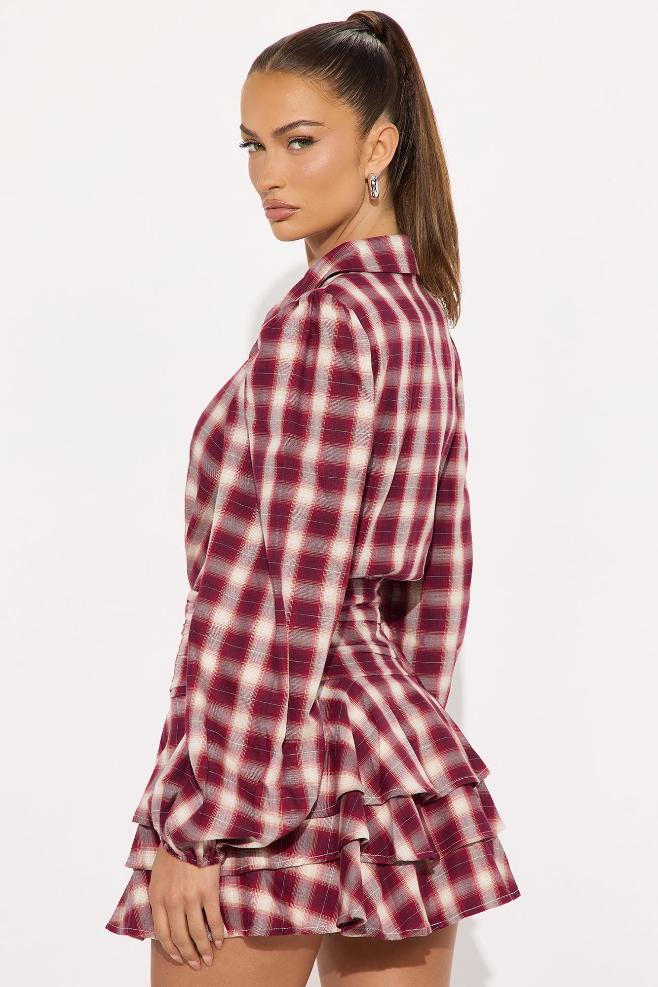 Pricilla Ruffle Flannel Micro Mini Dress - Red/combo
