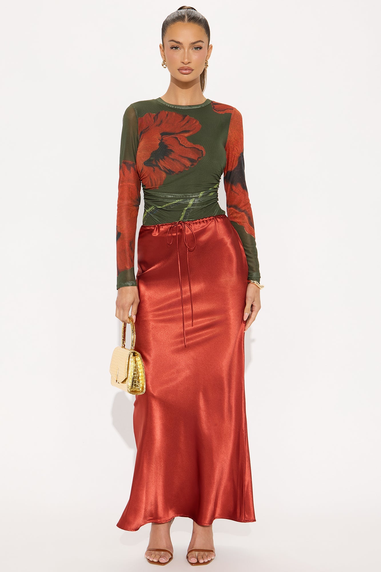Sierra Tie Waist Satin Maxi Skirt - Copper