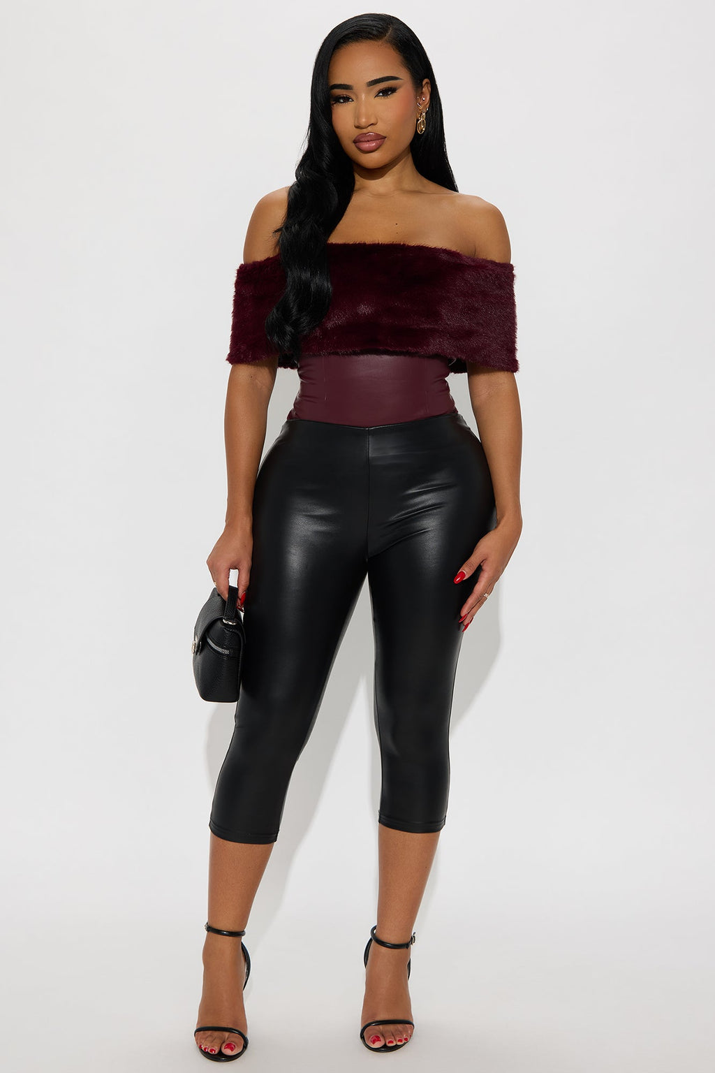 Smooth Criminal Fur Trim Faux Leather Bodysuit - Wine