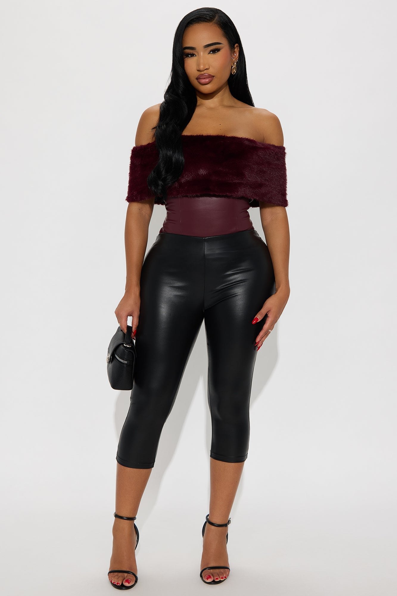 Smooth Criminal Fur Trim Faux Leather Bodysuit - Wine