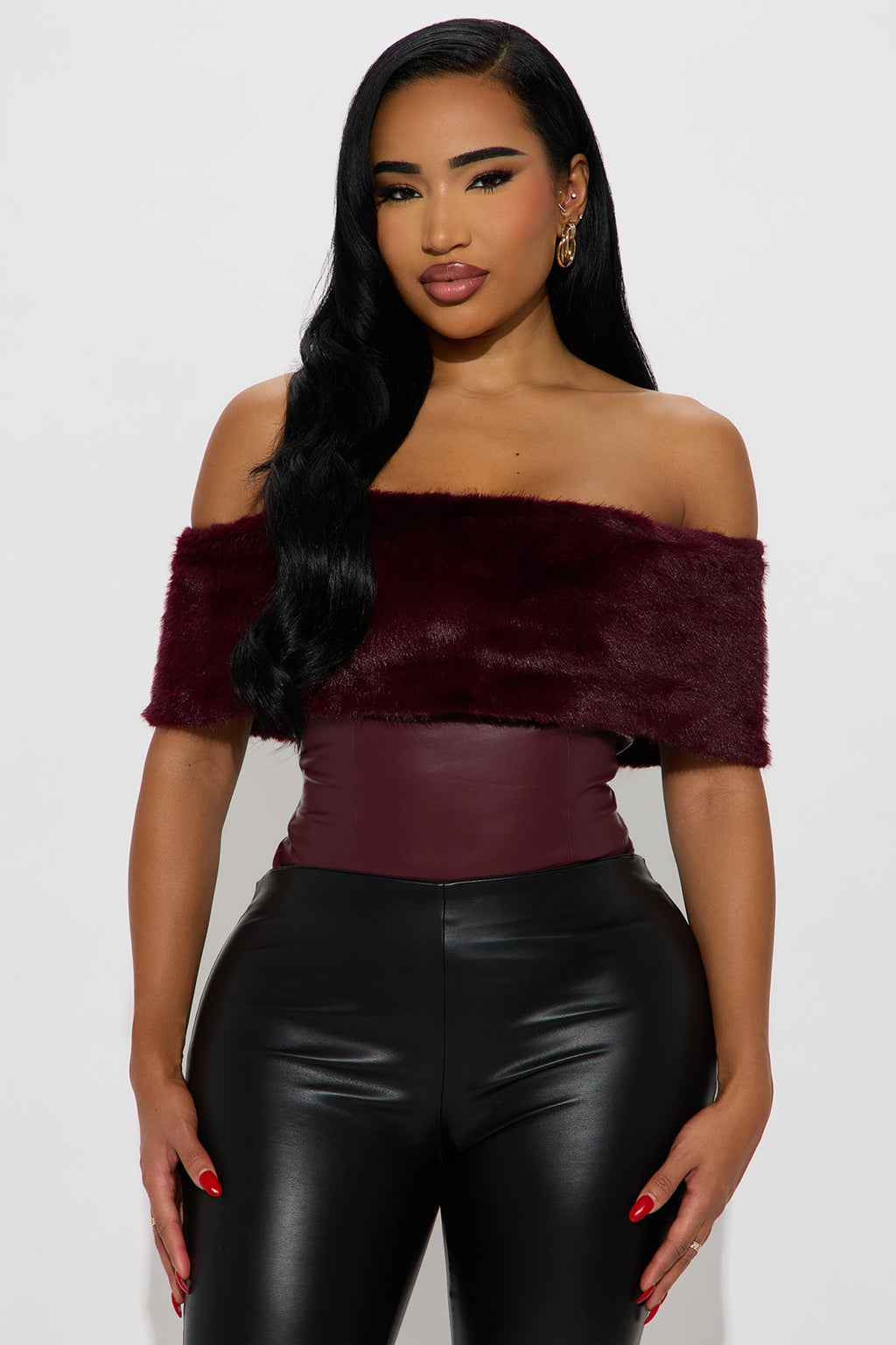 Smooth Criminal Fur Trim Faux Leather Bodysuit - Wine