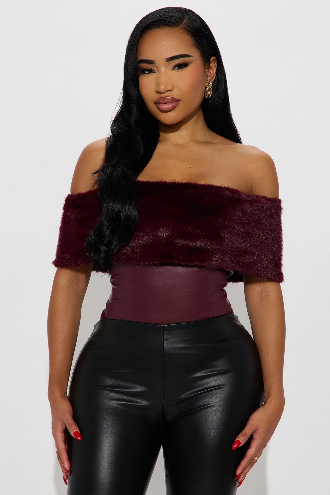Smooth Criminal Fur Trim Faux Leather Bodysuit - Wine