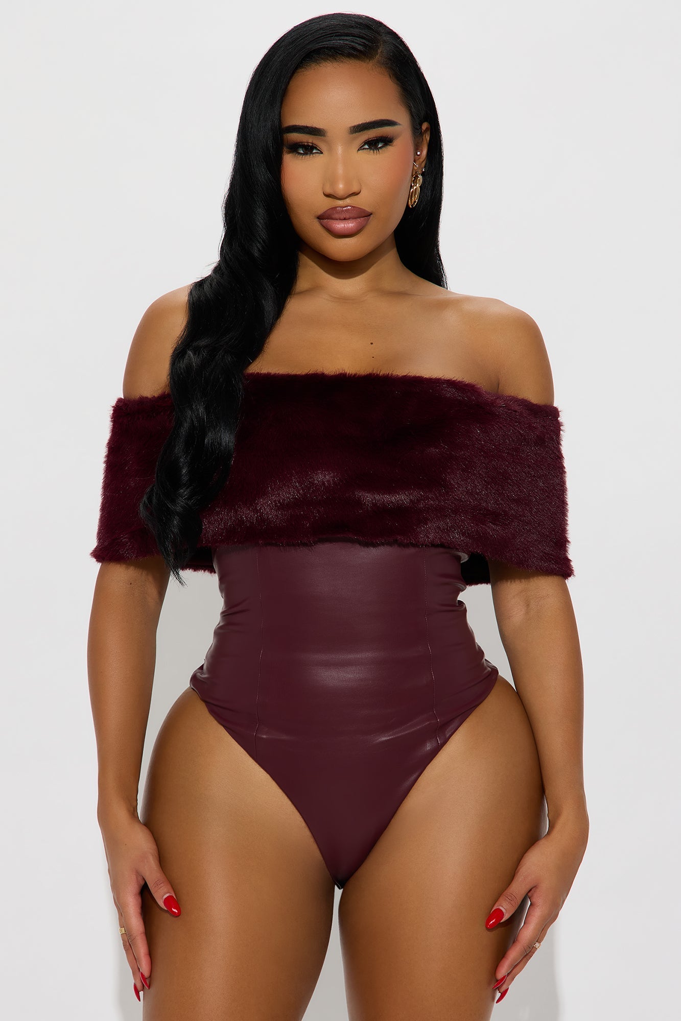 Smooth Criminal Fur Trim Faux Leather Bodysuit - Wine