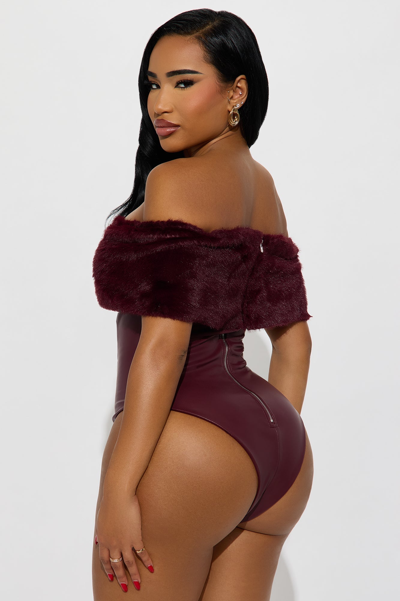 Smooth Criminal Fur Trim Faux Leather Bodysuit - Wine