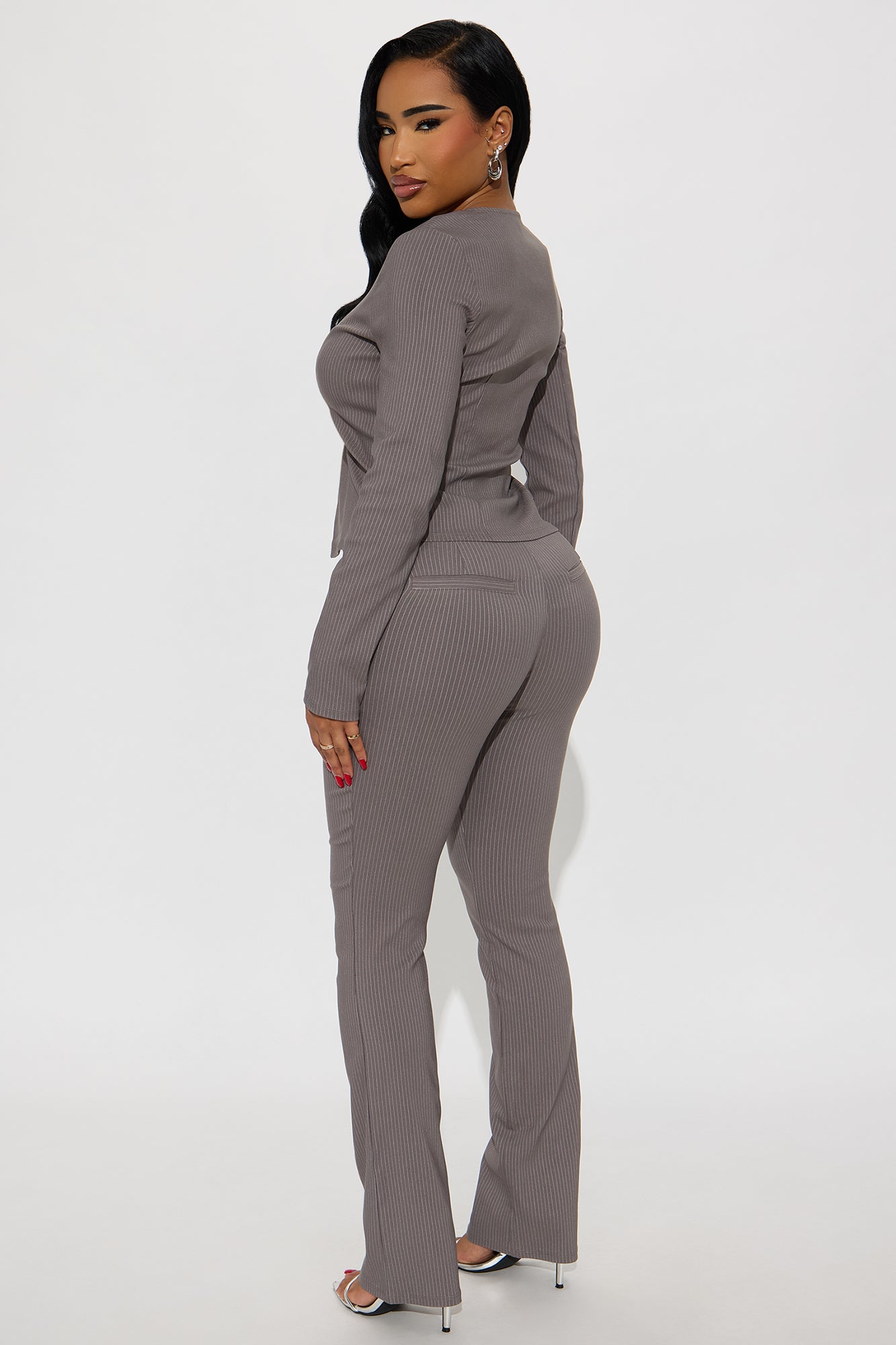 Amelia Pinstripe Flare Pant Set - Grey